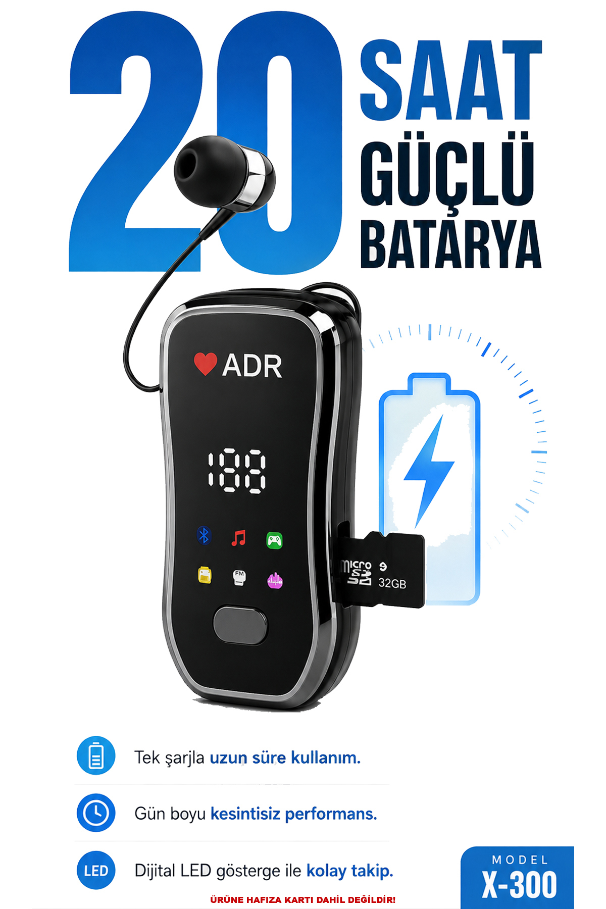 ADR Phone Accessories ADR X-300 Makaralı Bluetooth 5.4 Kulaklık Titreşimli LED Ekranlı Hafıza Kartlı Klipsli 20 Saat Konuşma Süresi