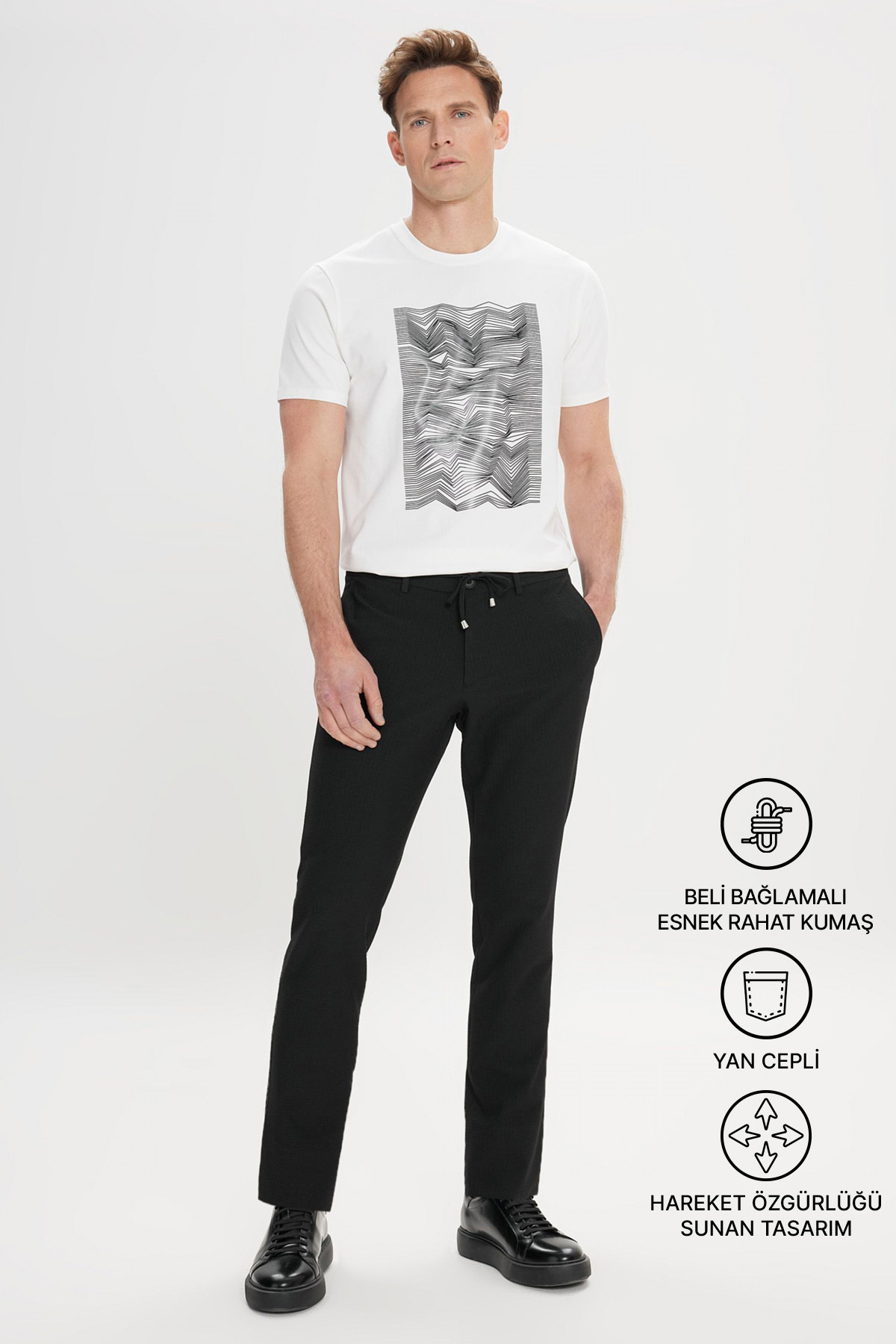 AC&Co / Altınyıldız Classics Erkek Siyah Slim Fit Dar Kesim Beli Bağlamalı Yan Cep Gofre Desenli Pantolon görsel 2