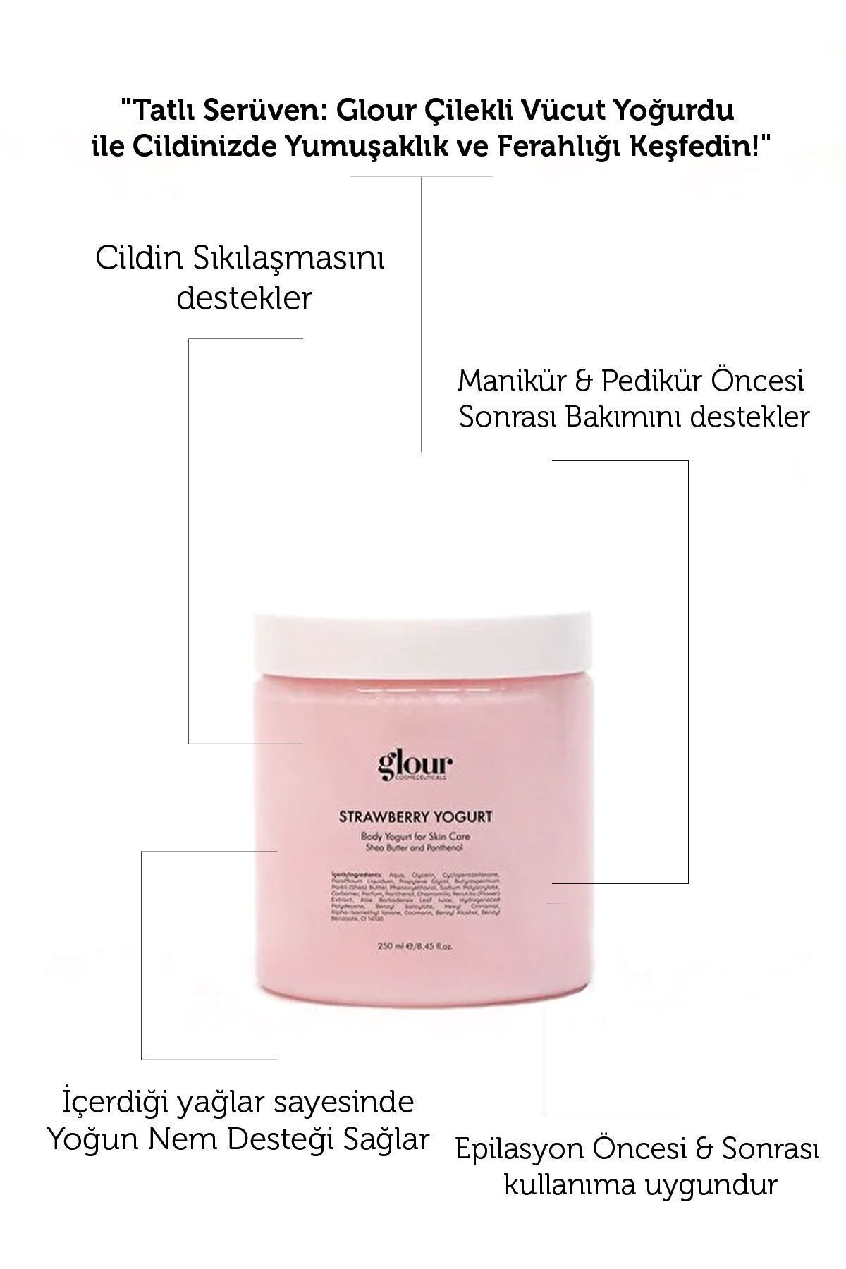 Çilekli Vücut Yoğurdu 250 ml - Nemlendirici Canlandırıcı Hyaluronic Serum Hediye — Yoğurtçilek1 — تصویر 4 از 8