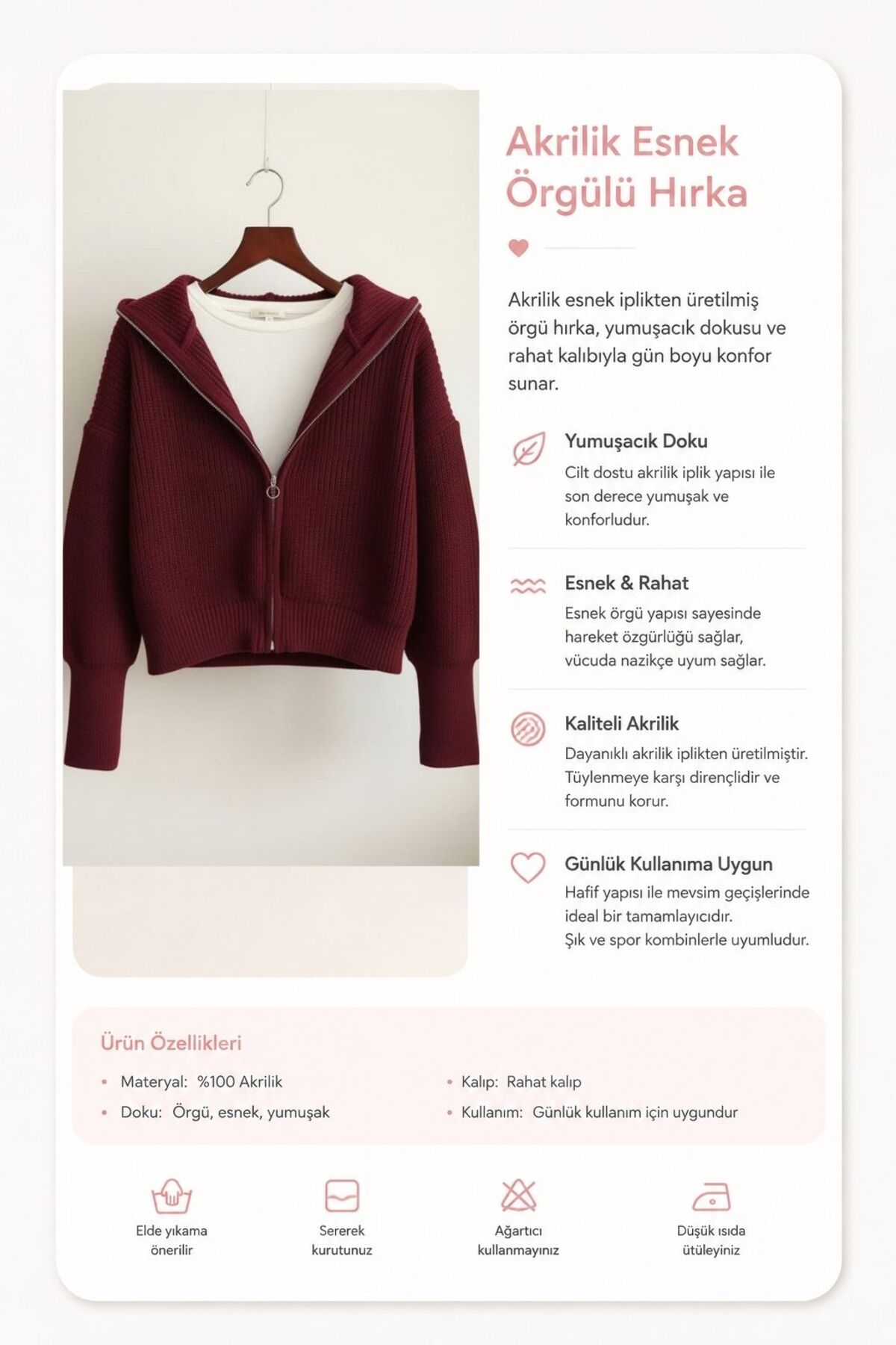 FLEX FASHION Kadın bordo trend Devrik Yaka Fermuarlı popüler Triko Hırka görsel 3