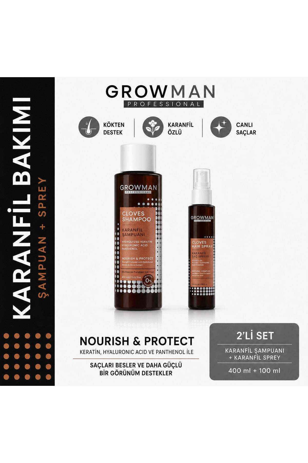 growman Karanfil Özlü Şampuan ve Karanfil Suyu Set – Saç Dökülme Karşıtı Destekleyici Bakım — GM-KAR-SET-01