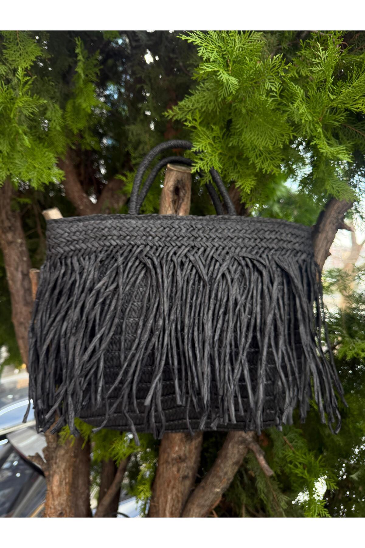 Axesoire NWC-1066 Siyah Saçaklı Hasır Çanta 41x29 cm görsel 5
