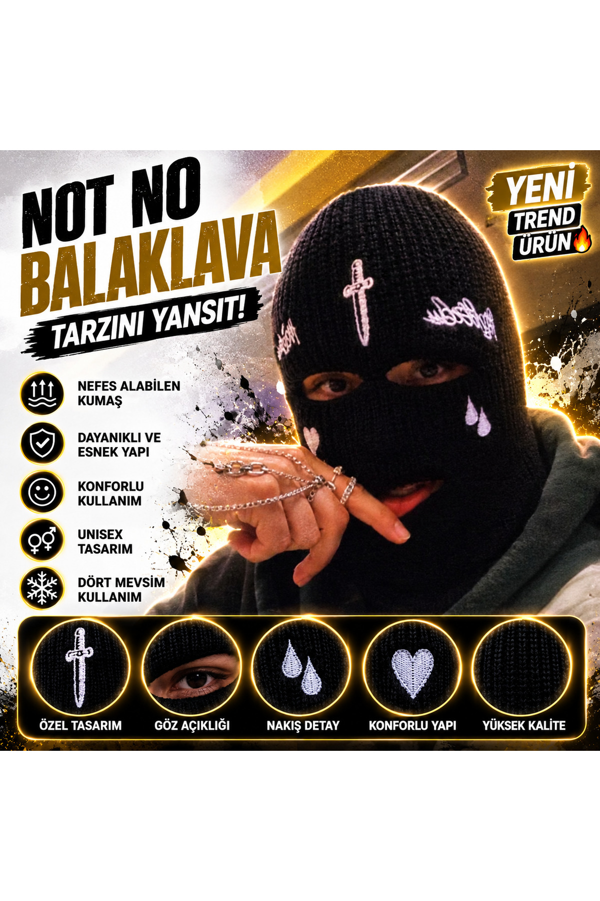 FG KONNİCHİWA Siyah Kılıç Nakışlı 3 Gözlü Kar Maskesi 2026 sezon Gotik Siyah Kar Maskesi (Balaclava), Unisex görsel 8