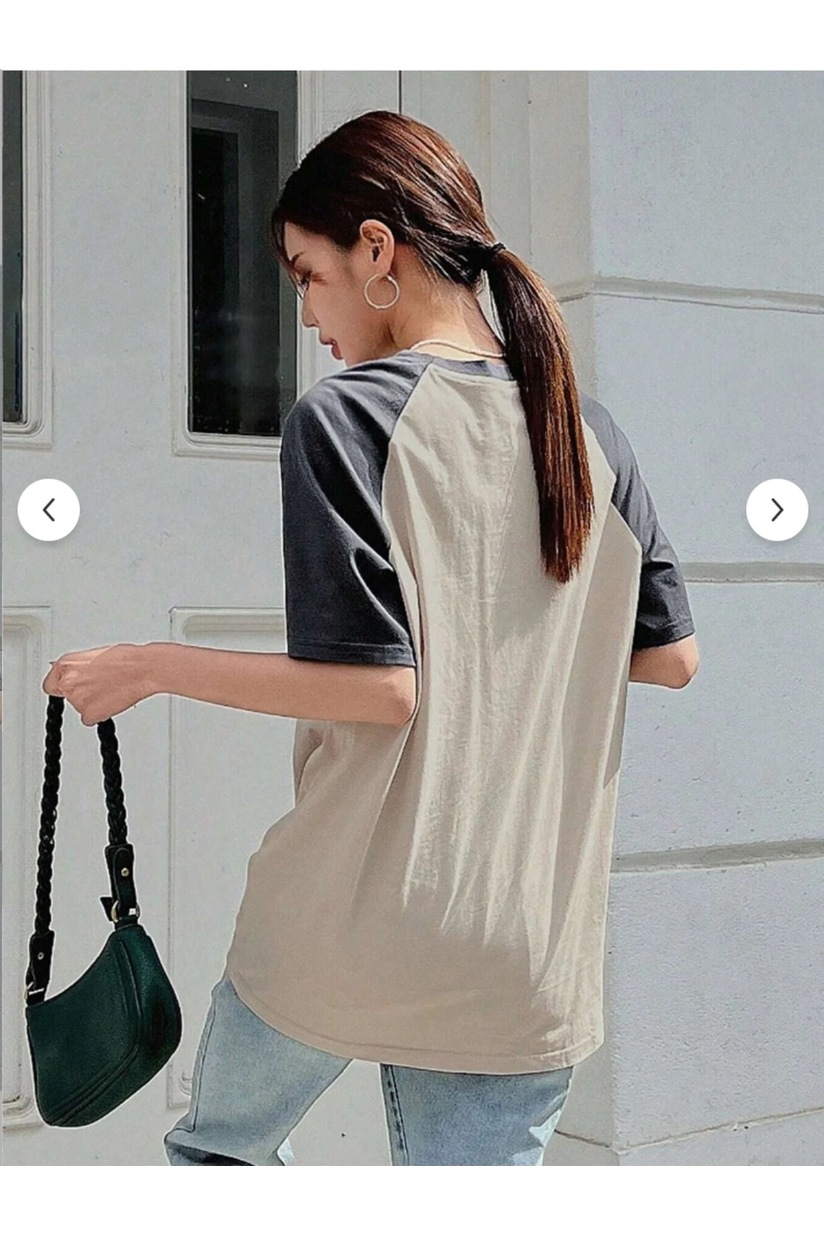 DUBU BUTİK Bej Gövde Füme Reglan Kol T-Shirt - Oversize Bisiklet Yaka Kısa Kol Tişört görsel 6