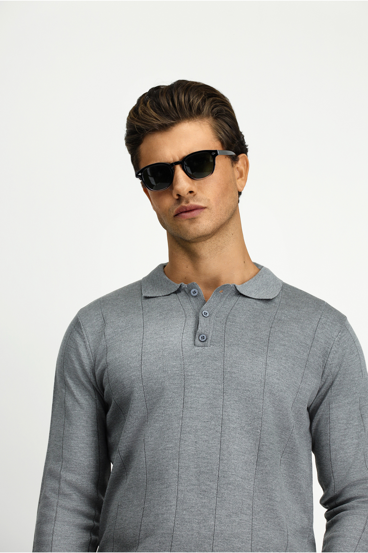 Kiğılı Polo Yaka Düğmeli Regular Fit Çizgili Triko Kazak görsel 4