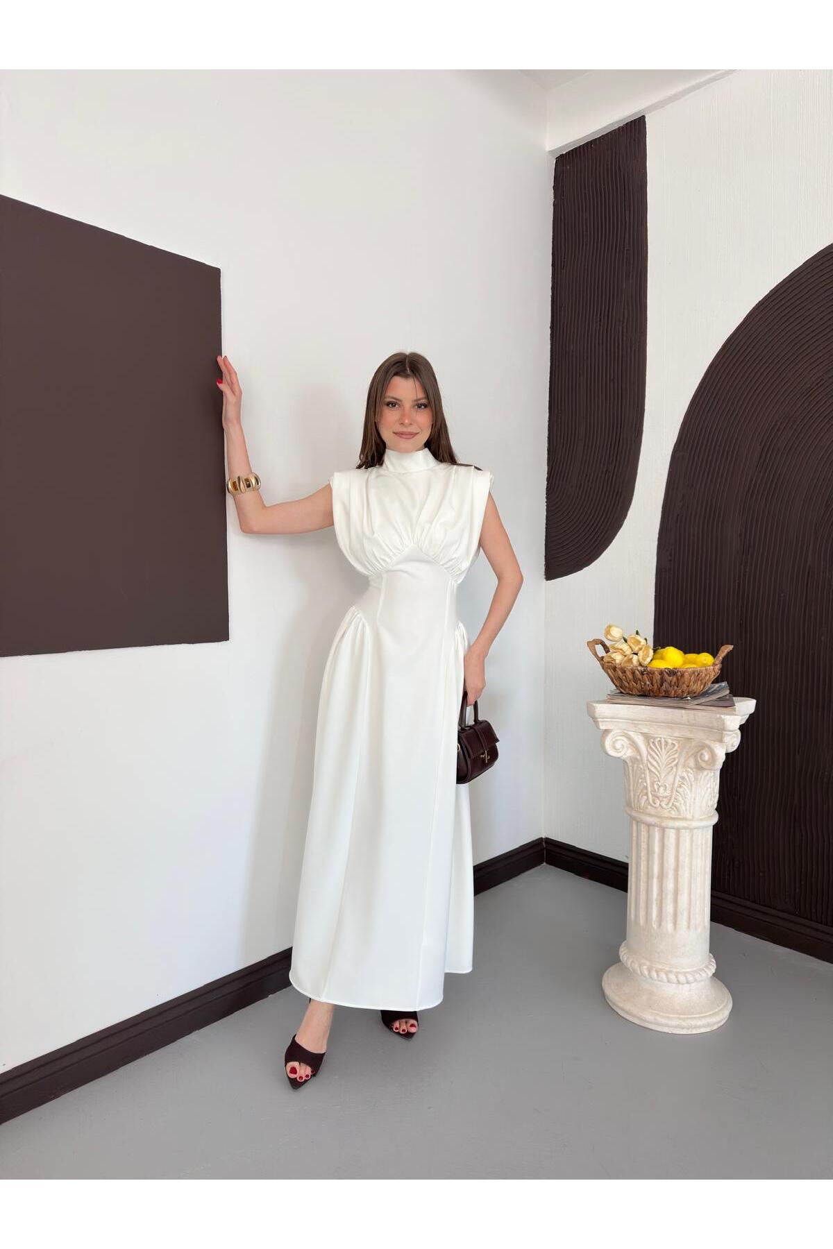 Women's Dress Zero Sleeve Waist Seated Upright Collar Maxi Size Design Dress