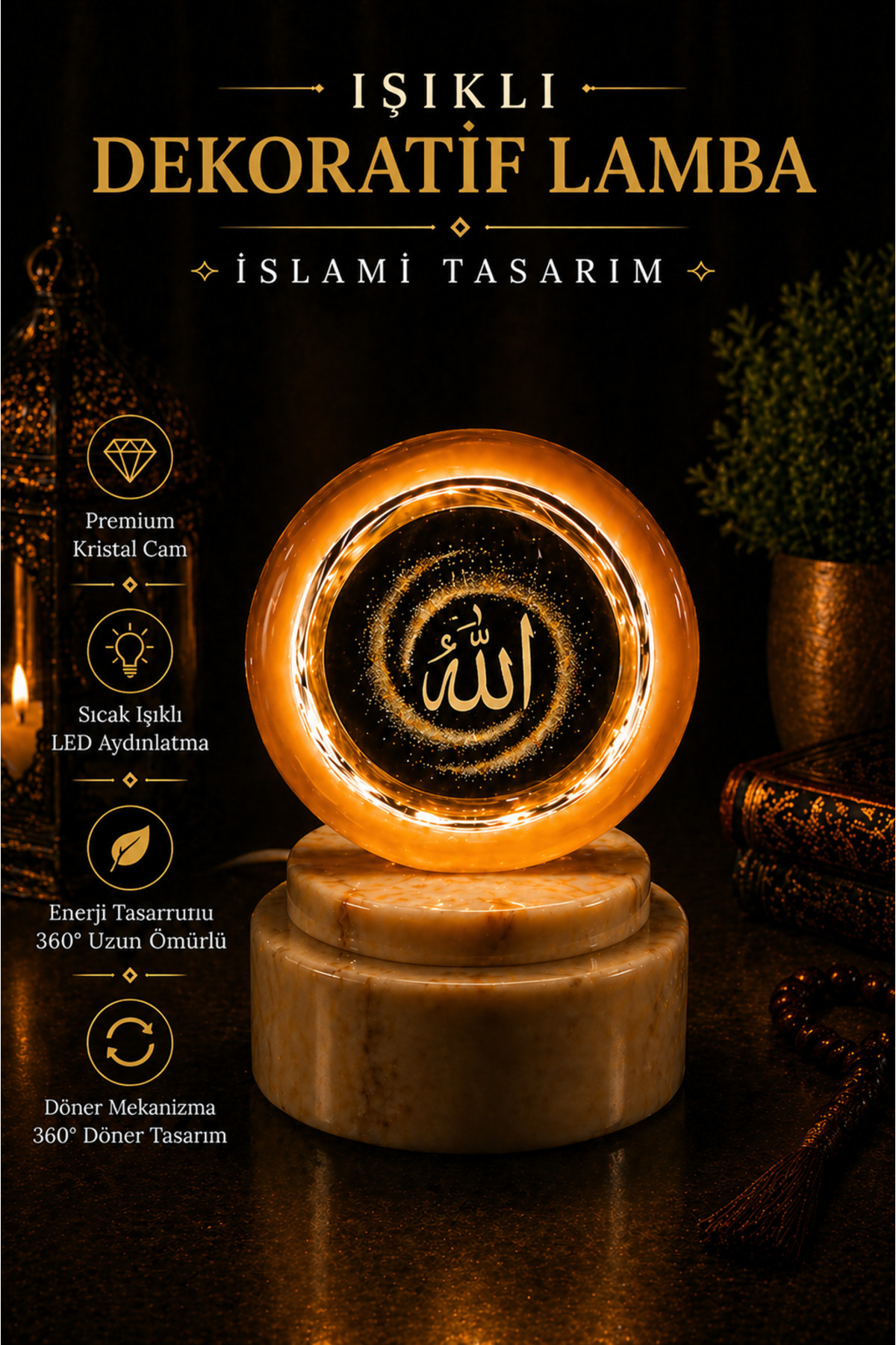 Illuminated Decorative Crystal Sphere Lamp – Allah Wordy Islamic Design 360° Rotating led Night Light