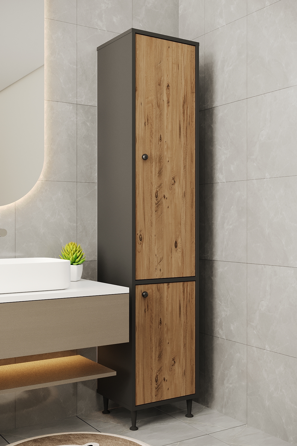 Aeka AE-2028 Soft Antrasit/Atlantik Çam 2 Kapaklı Çok Amaçlı Dolap