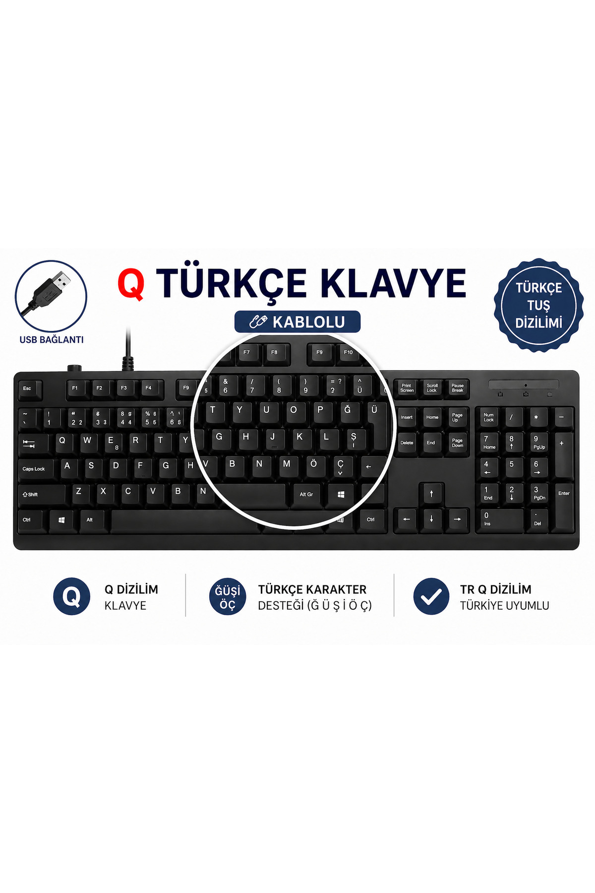 SepetteX Jedel k29 Q Türkçe Klavye Kablolu USB TR Q Dizilim Sayısal Tuşlu Bilgisayar Klavyesi
