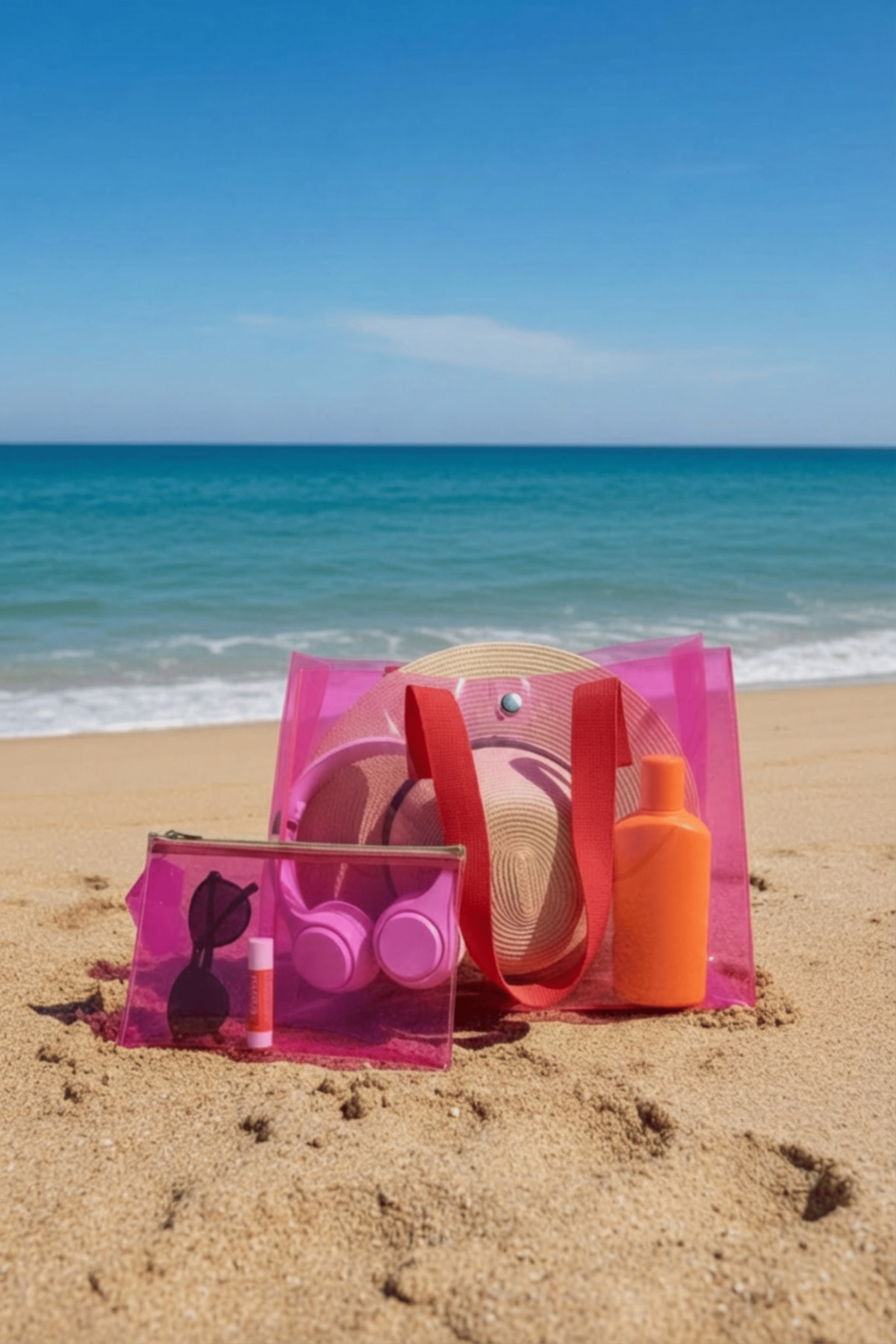 ttm ticaret Pembe Kadın Beach Baskılı Şeffaf Plaj Çantası görsel 4