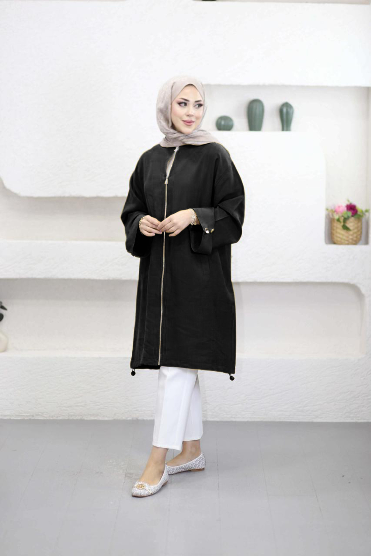 Suede Style 6346 - Rahat Fermuarlı Cepli Kol Düğme Detaylı Uzun Tunik görsel 2