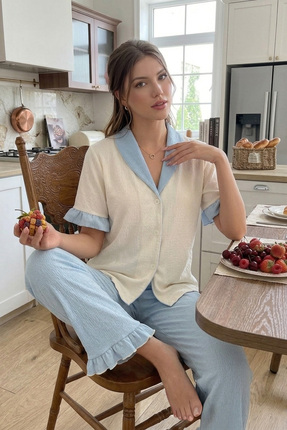 BELLA NOTTE Mavi Fırfır Detaylı Düğmeli V Yaka Yazlık Pijama Takımı