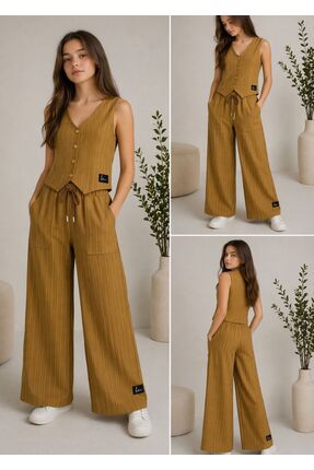 musab kids KIZ ÇOCUK CİZGİLİ YELEK PANTOLON TAKIM