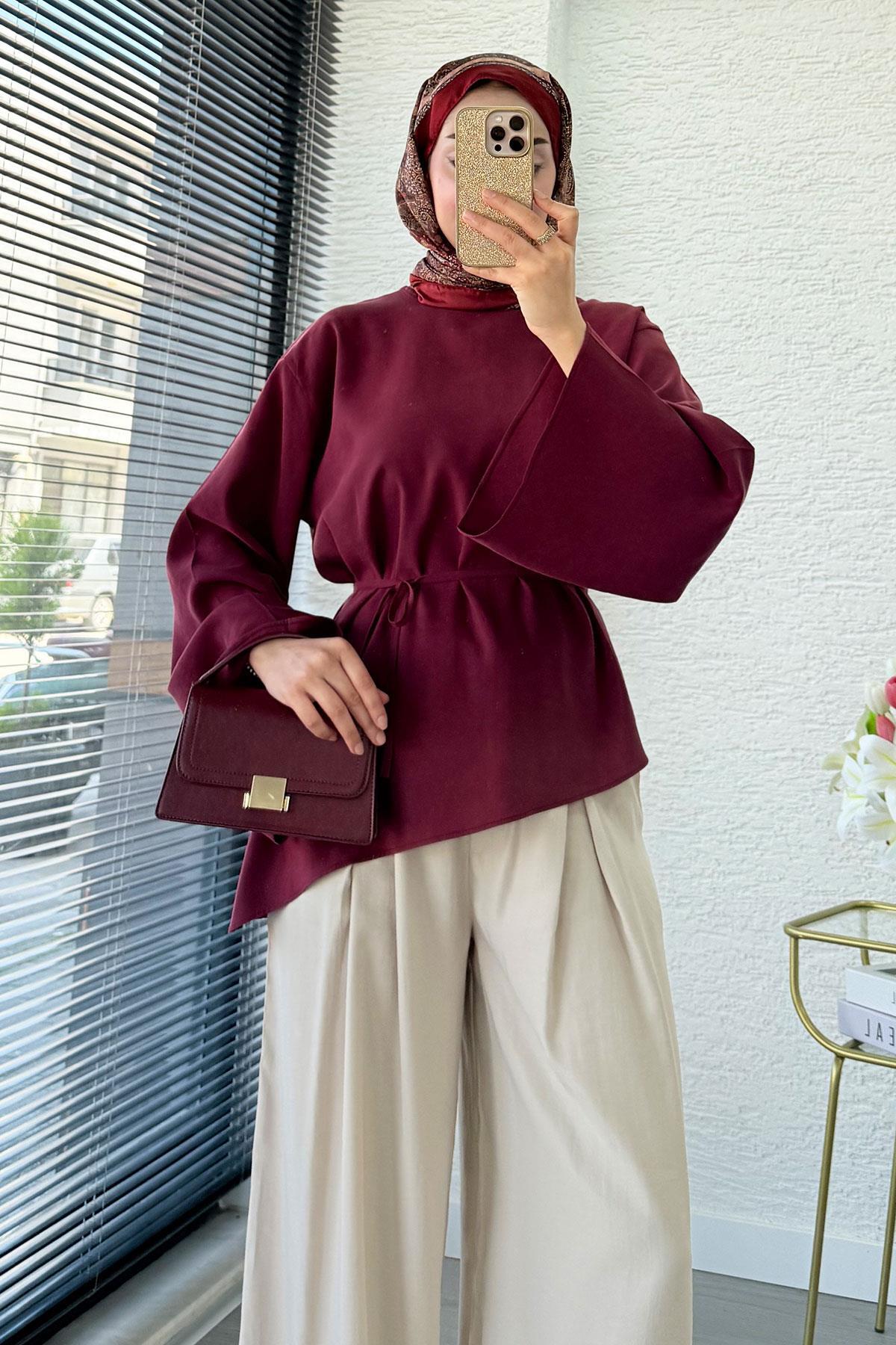 MELEK ARAZ Asimetrik Kesim Volan Kol Modal Bluz, Bordo görsel 4