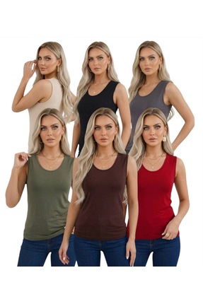 hashtag Kadın Kolsuz Basic Düz Body 6'lı Esnek Günlük Şık U Yaka Prenses Yaka