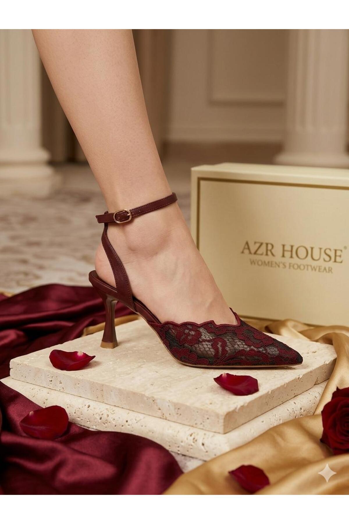 AZR Yeni sezon yeni model topuklu ayakkabı dantel işlemeli. - Topuklu tasarımı ile feminen ve şık bir duruş sağla görsel 2