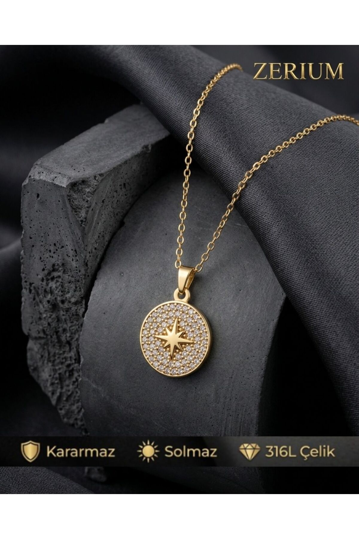 Women's Steel Necklace with Gemstone Medallion Pole Star Figure 45 Cm