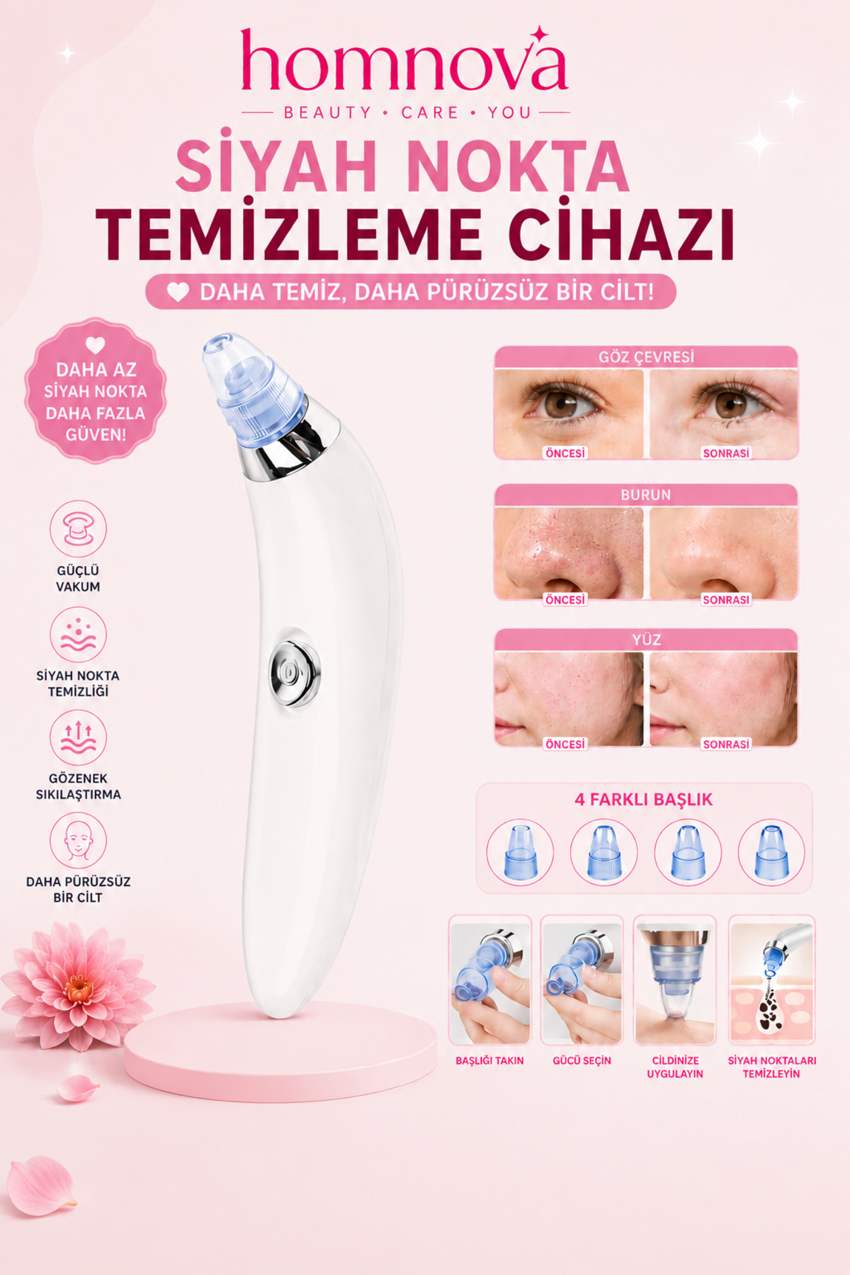 Homnova Siyah Nokta Temizleme Cihazı Vakumlu Gözenek Temizleyici 4 Başlıklı DERMA SUCTİON — HOMNOVADERM