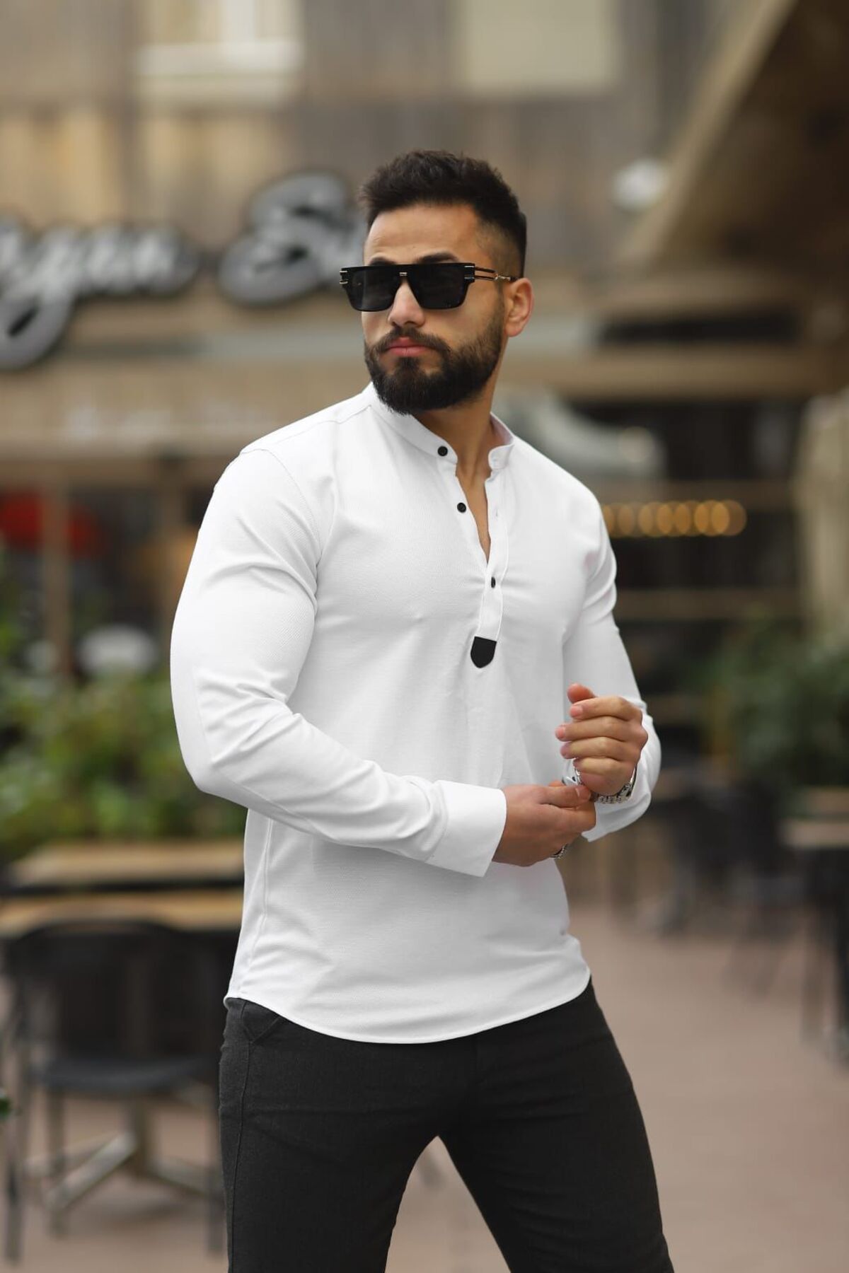 BAYIM Erkek Slim-Fit Hakim Yaka Gofre Dokulu Premium Basic Gömlek