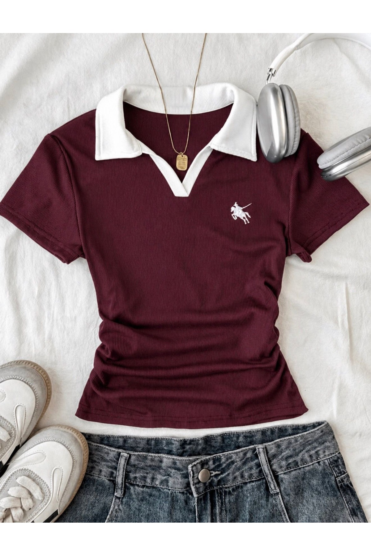 Violon Women's Polo Collar Embroidery Detailed Camisole Slim Fit T-Shirt