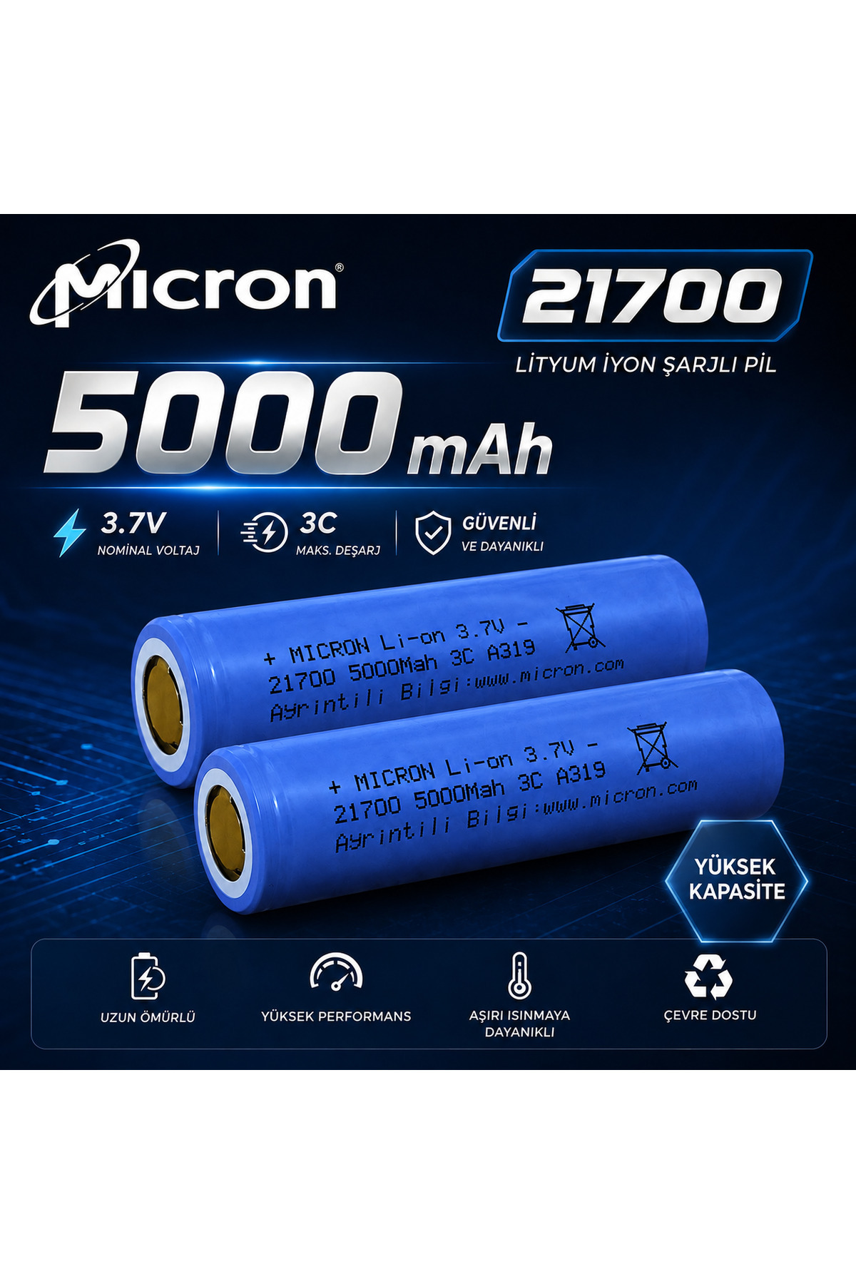 LENAOKSAN 21700 Li-ion 5000mAh 3.7V 3C Şarjlı Pil (2 Adet
