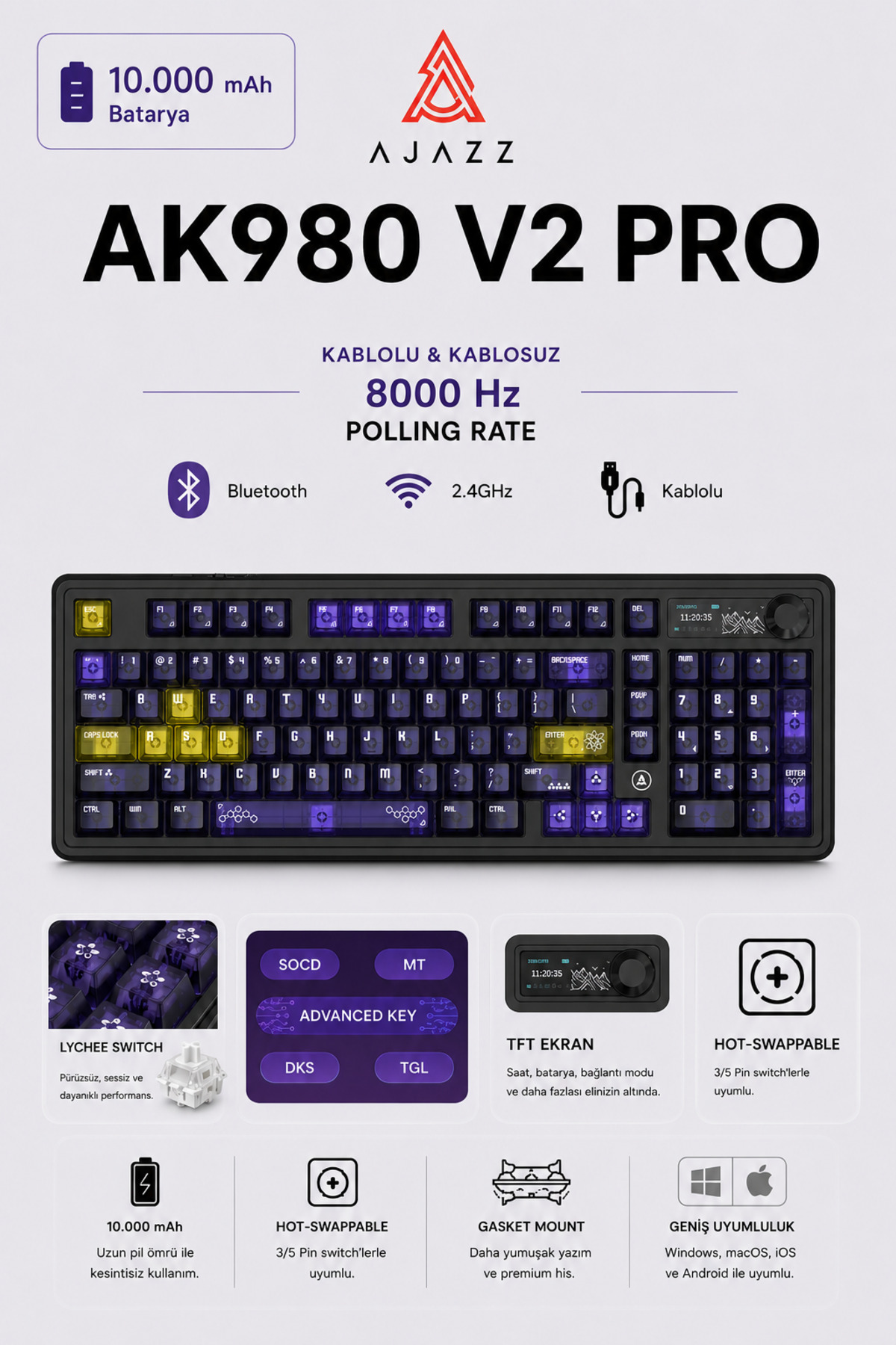 Ajazz Ak980V2 Pro 8000 Hz Kablosuz Mekanik Oyun Klavyesi-TFT