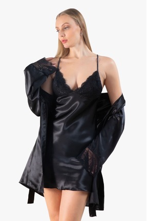 Lunoche Nightwear Saten Çeyizlik Ikili Kadın Gecelik Sabahlık Takımı