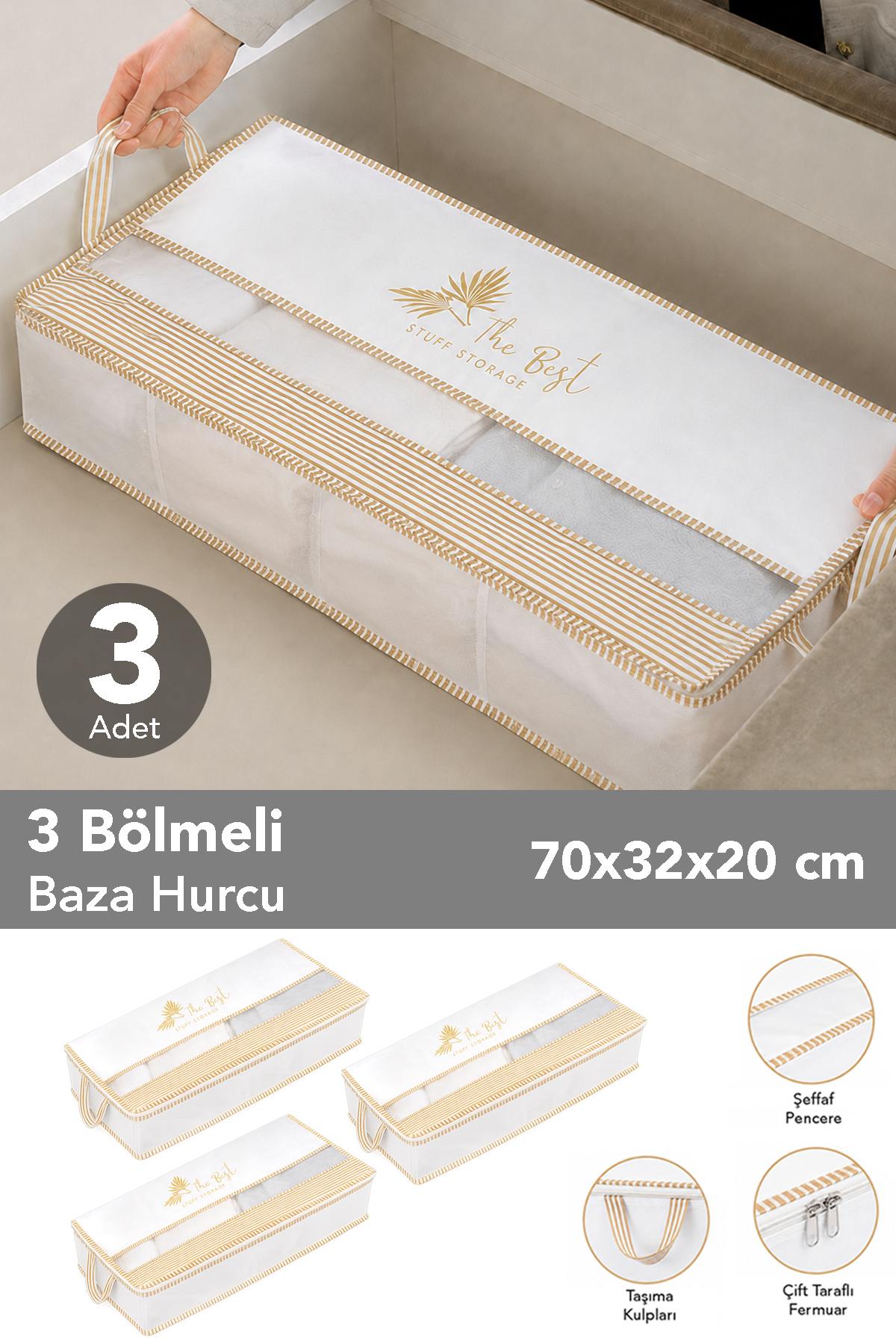 インテリアグッズ！！１３８個 Meleni Home 3 Adet Pencereli Baza Altı Hurcu - Çizgili Çok Amaçlı