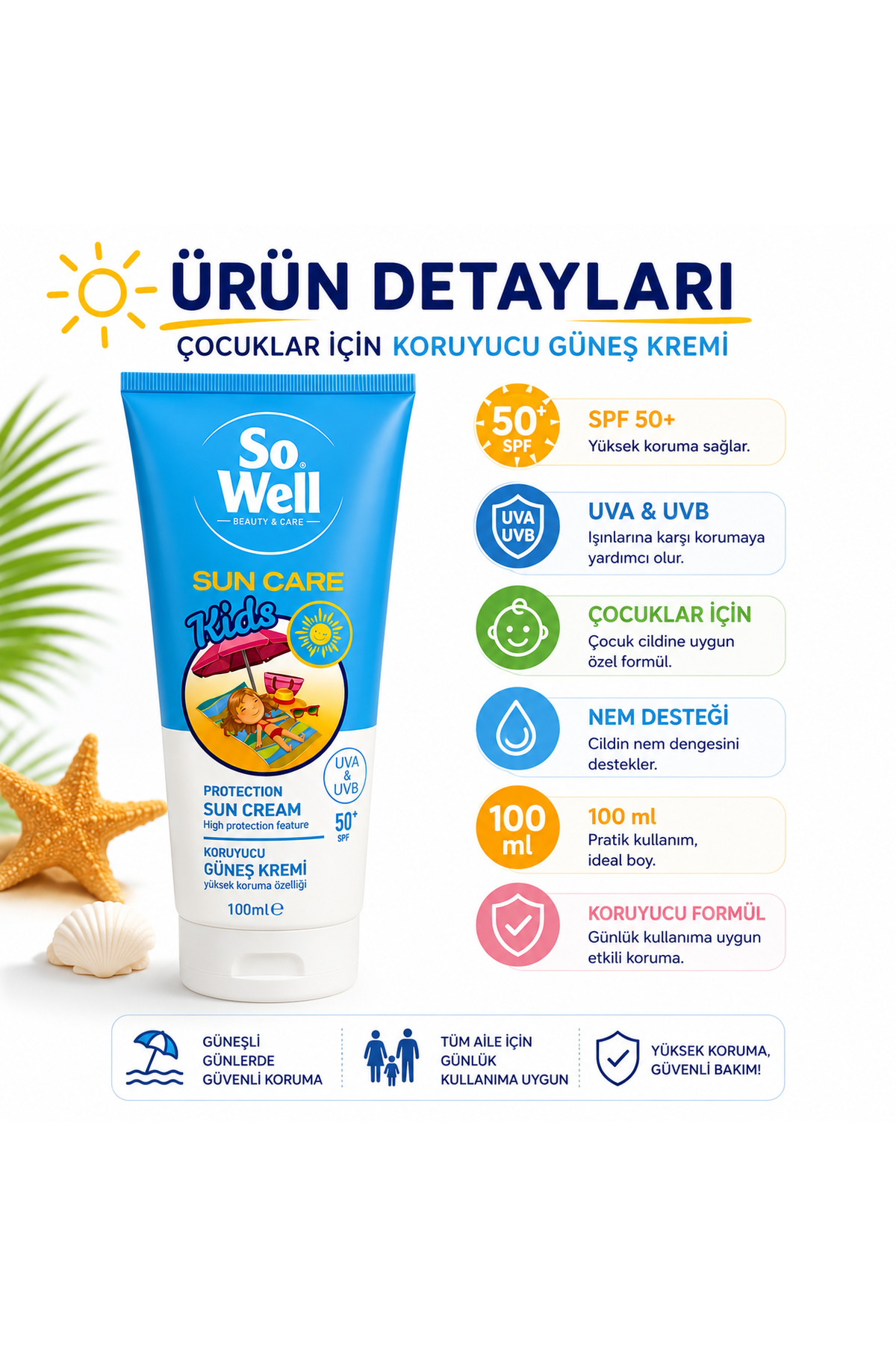 Sun Care Kids SPF 50+ Çocuk Güneş Kremi UVA & UVB Korumaya Yardımcı 100 ml — sw-ksc-100 — تصویر 2 از 6