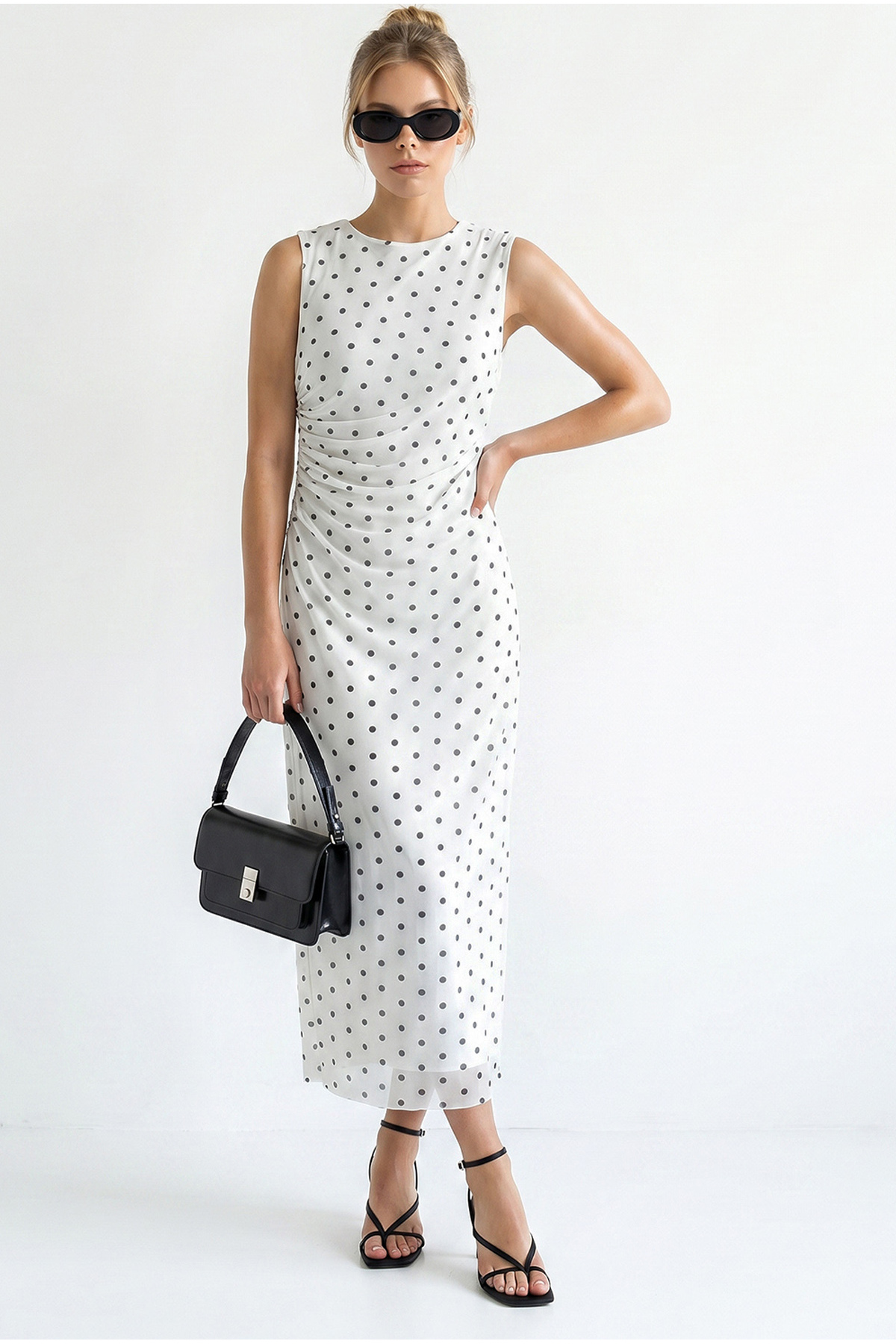 Women's Draped Polka Dot Lined Midi Dress 20219 60286146