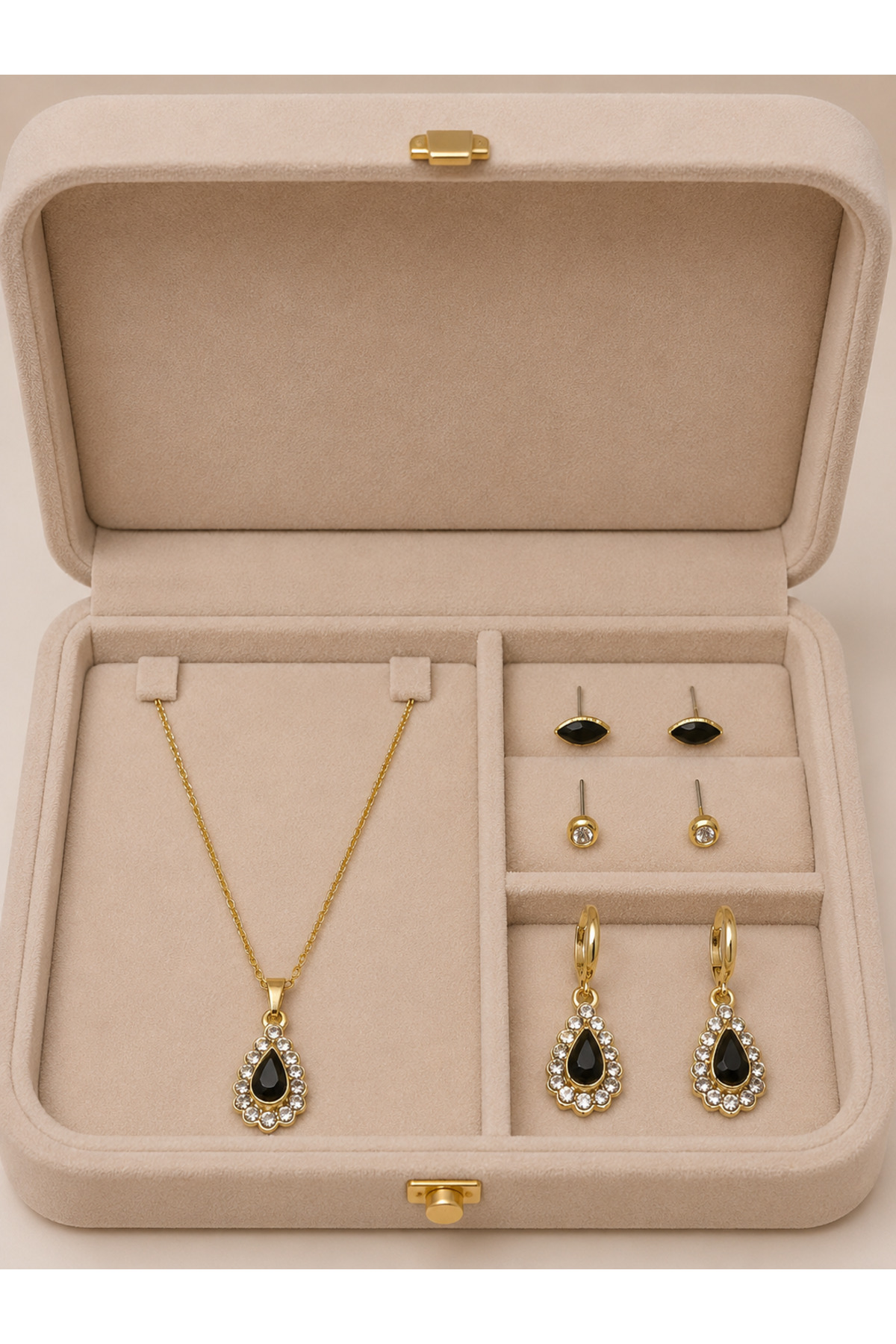 Gold Color 4-Piece Necklace Earrings Set with Drop Black Stone Detail