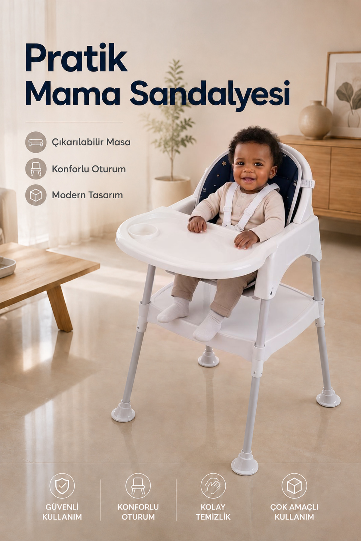 Wumboo Bebek Mama Oturağı- Çok Fonksiyonlu Bebek Mama Sandalyesi ve Dönüştürülebilir Oyun Masası Seti-Beyaz