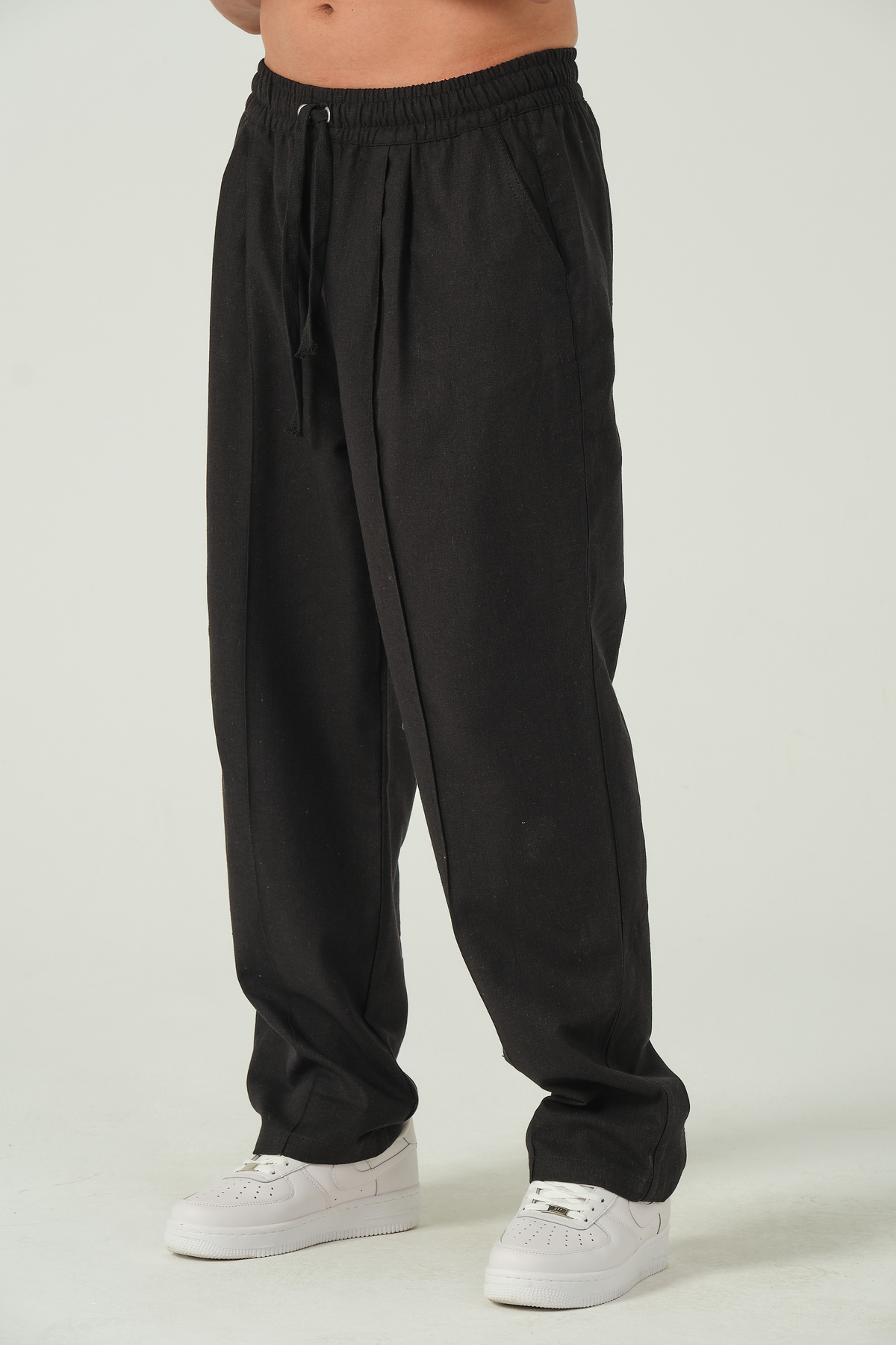 RELAXL %100 Keten Uzun Paça Çımalı Oversize Siyah Erkek Pantolon 2XS-10XL görsel 4