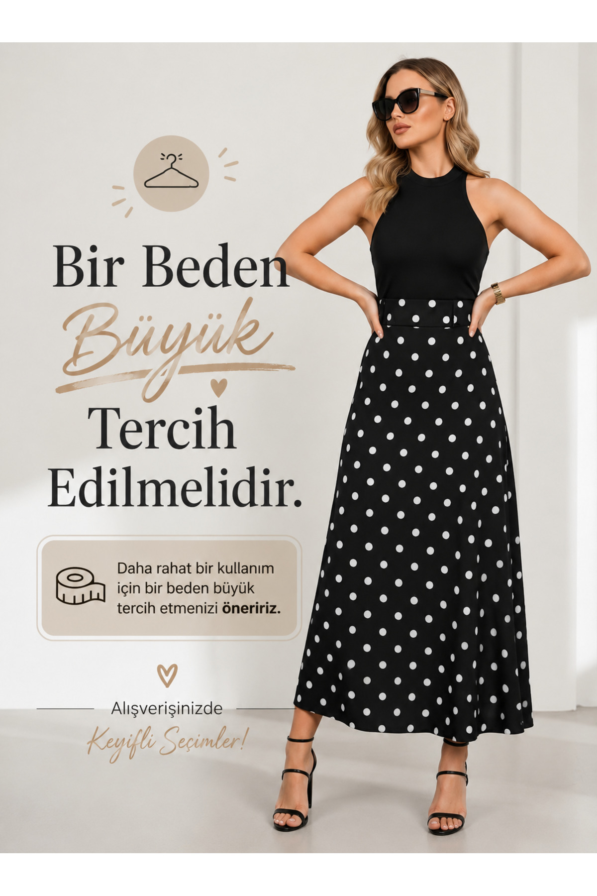 Kemer Detay Poplin Kumaş Puantiye Desen Uzun Etek - Siyah (Tesettüre Uygundur)