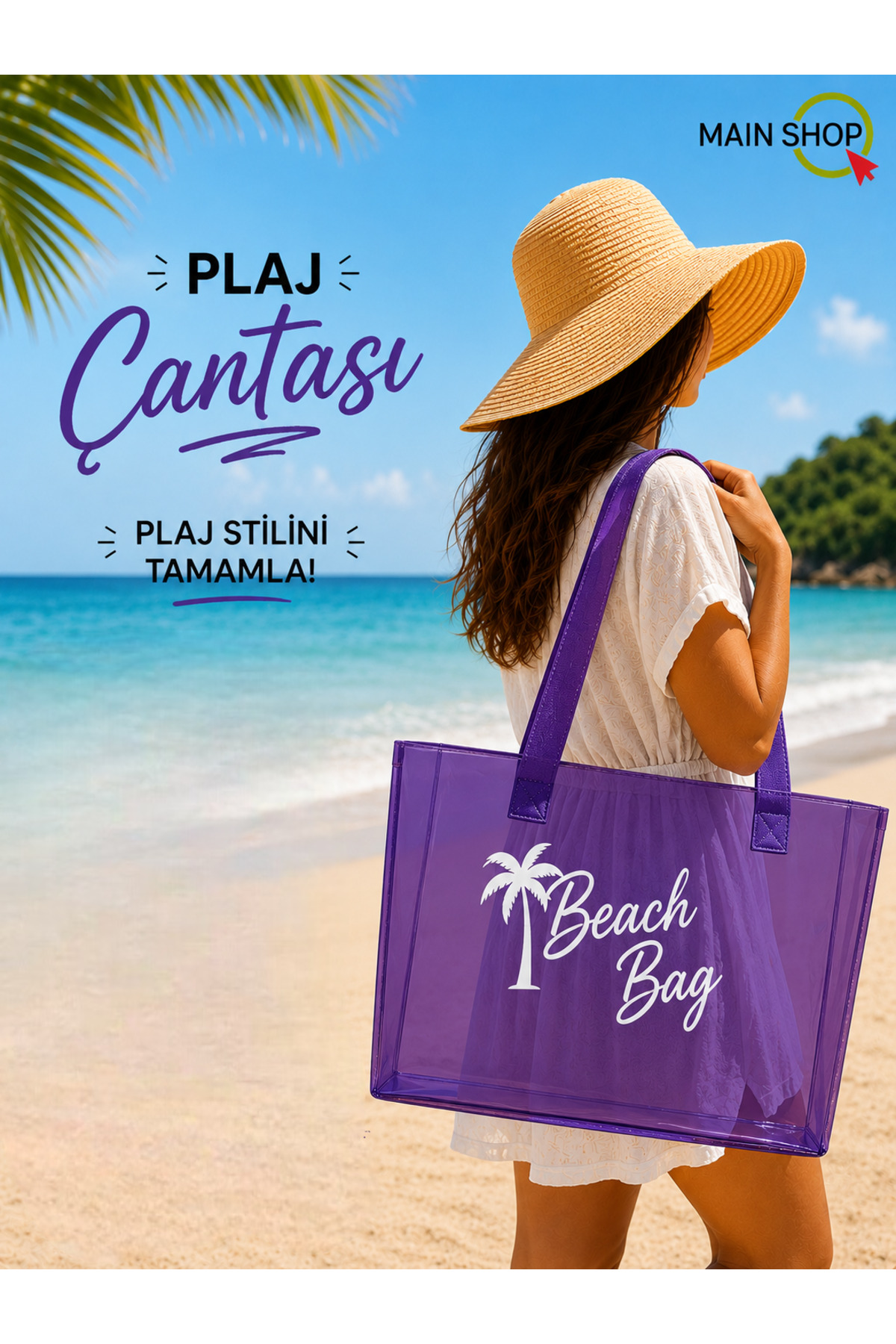 MAİN SHOP Büyük Boy Beach Bag Mor Şeffaf Deniz Plaj Çantası M-PLJ02 görsel 4