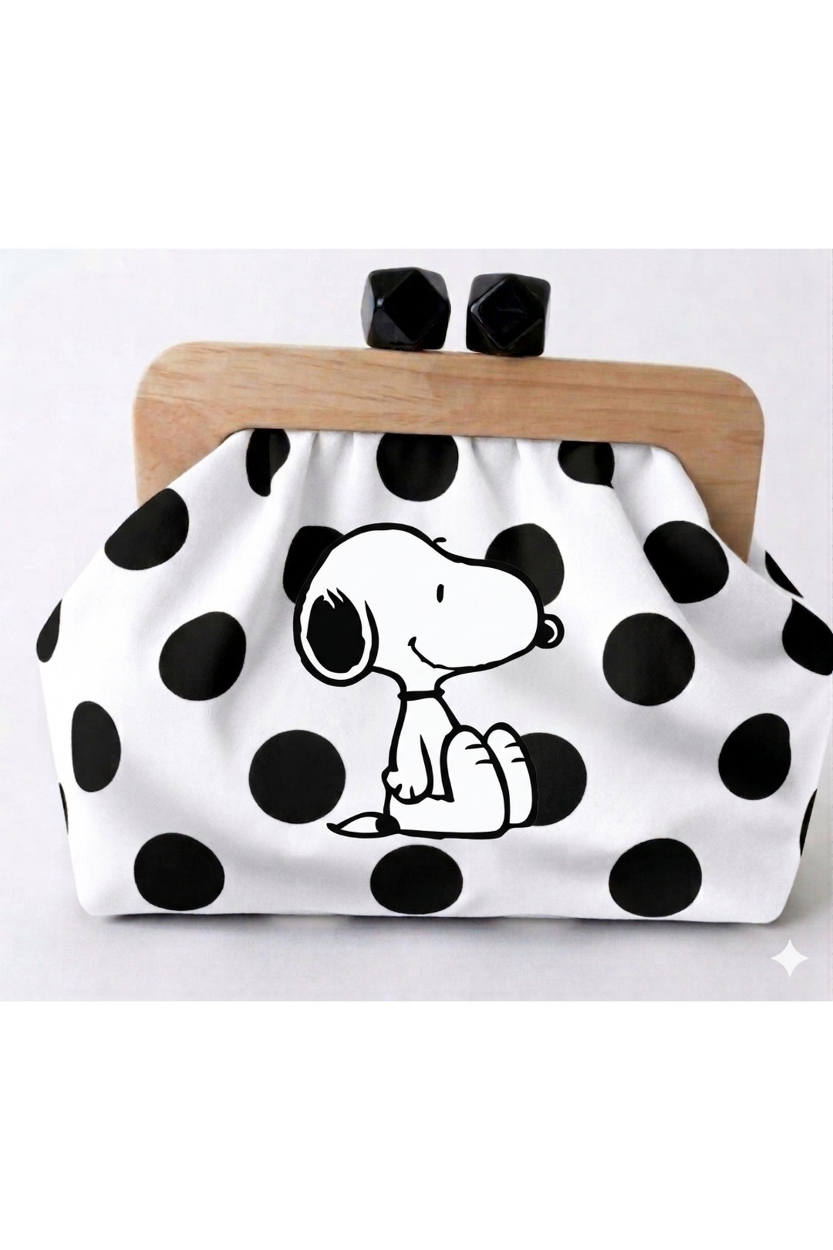handedizayn Beyaz Siyah Snoopy Puantiyeli Ahşap Burslu Zincir Askılı Clutch Omuz Çantası görsel 2