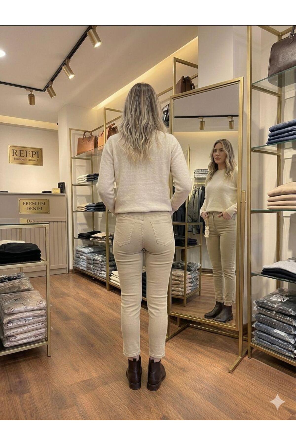 reepi  jeans Dar Paça Yırtmaçlı Likralı Bej Rengi Boy 90cm Yüksek Bel Pantolon - Görsel 4