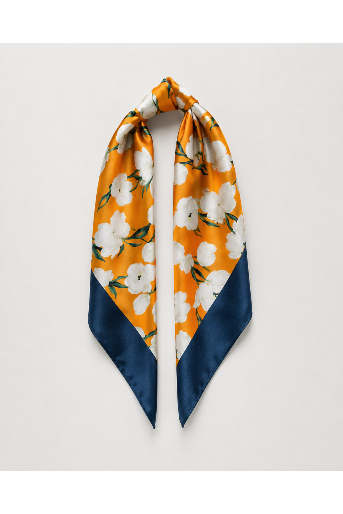 White Tulip Patterned Silky Satin Scarf – Mustard Yellow Square Neck, Hair and Bag Scarf