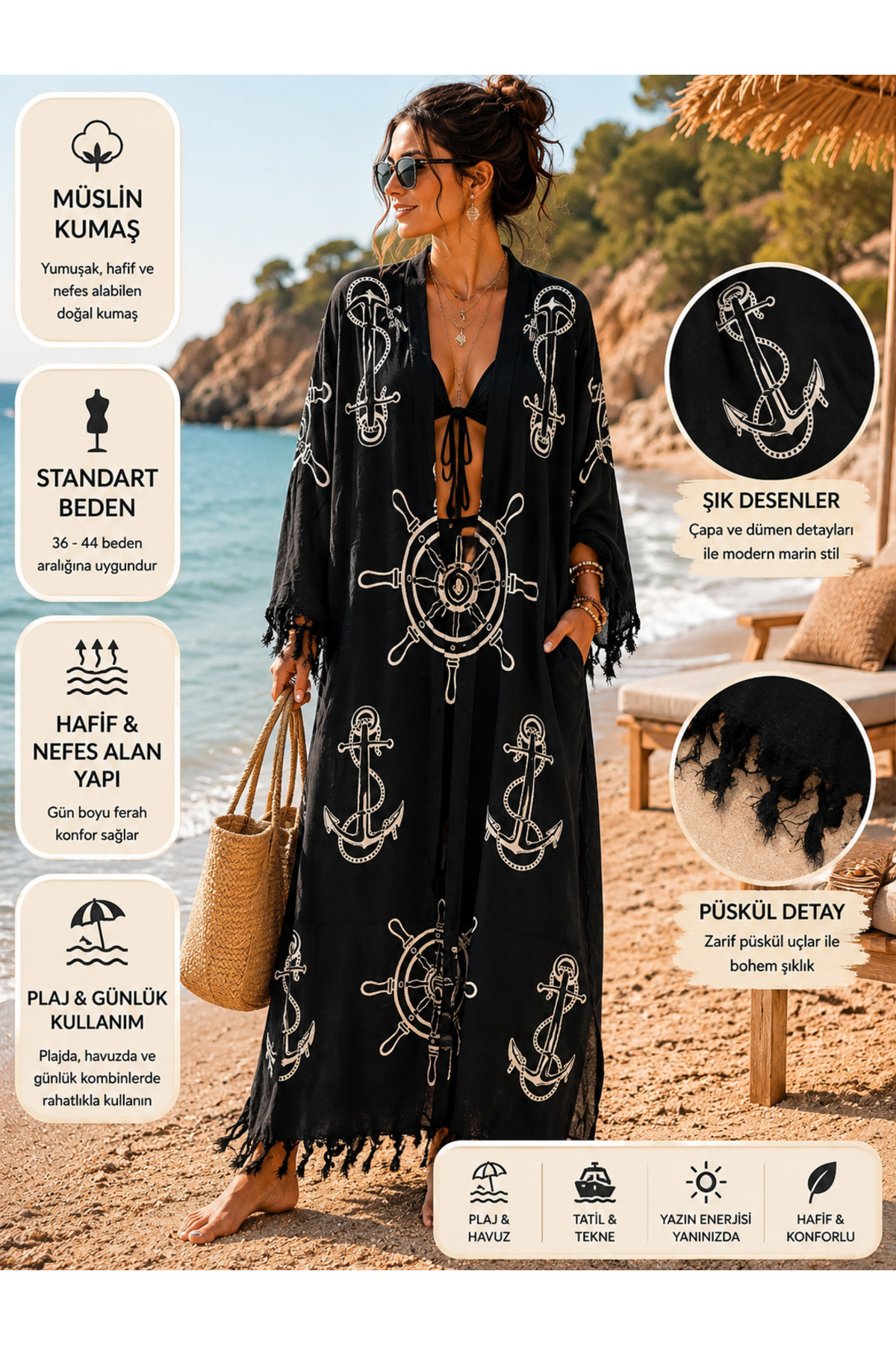 Marin Desenli Uzun Müslin Kimono Pareo Kadın Plaj Kaftanı Siyah