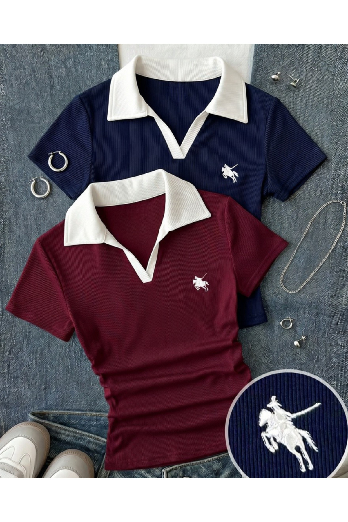 Toum  2'li Bordo & Lacivert Soul Polo Yaka Nakışlı Büzgülü Bluz - Görsel 2