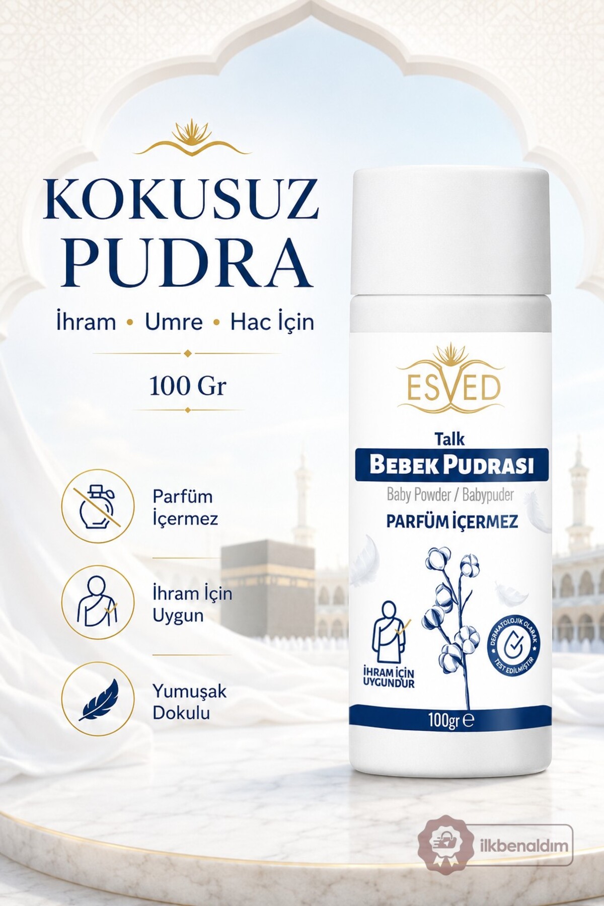 İlkbenaldim İhrama Uygun Kokusuz Bebek Pudrası 100Gr Hac ve Umre Pudrası | Parfüm İçermez — İlkbenaldim-Bebek-Pudrası-100gr