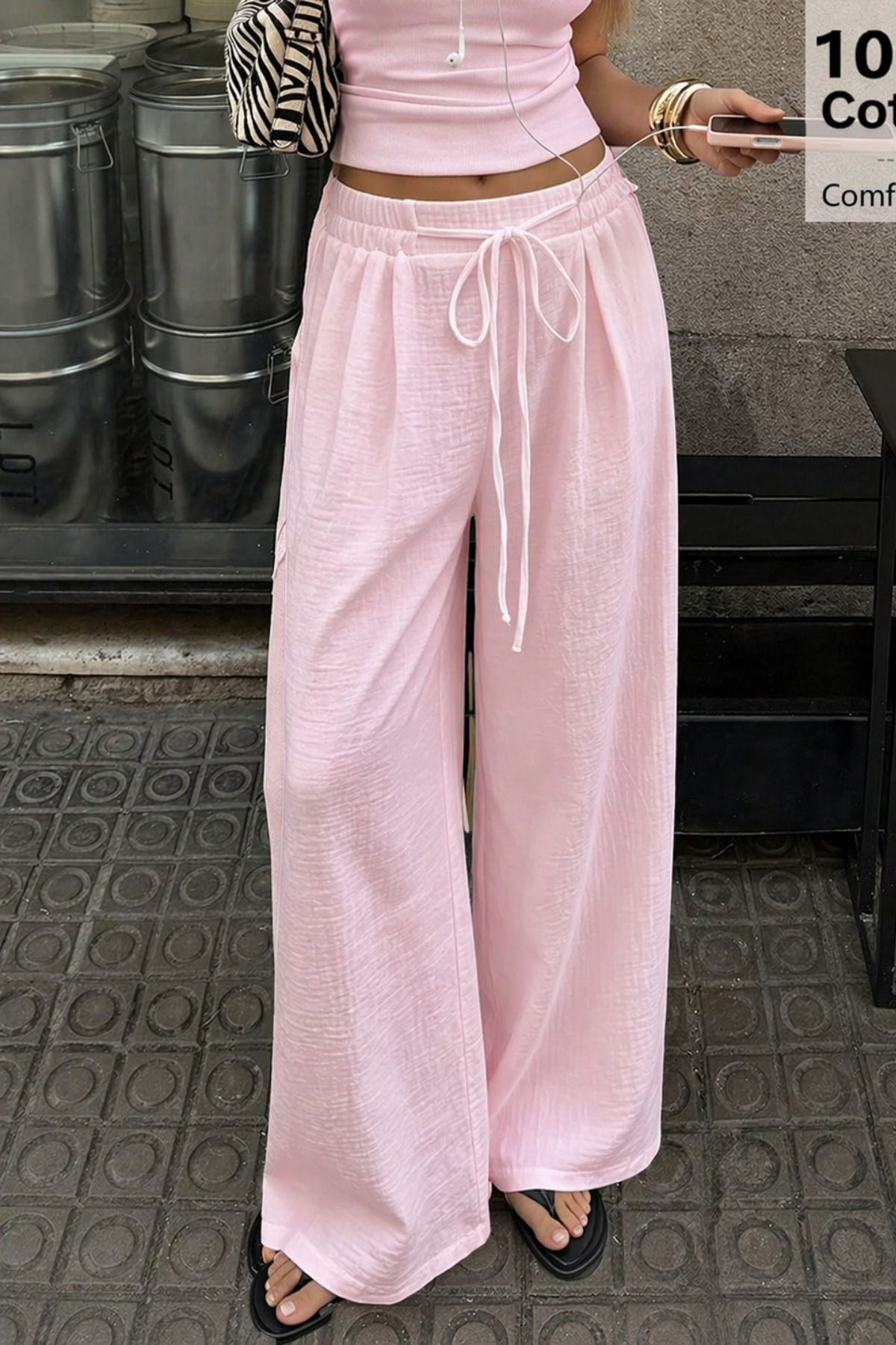 COOL TARZ  Kadın Müslin Bol Paça Pantolon Bel Lastikli Yazlık Pamuklu Pantolon - Görsel 6