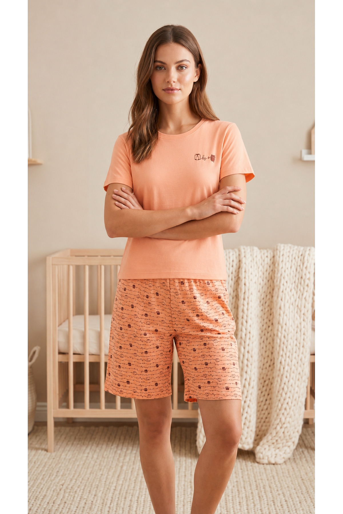 Sude HOMEWEAR Ženski set pidžama kratkih rukava u boji lososa