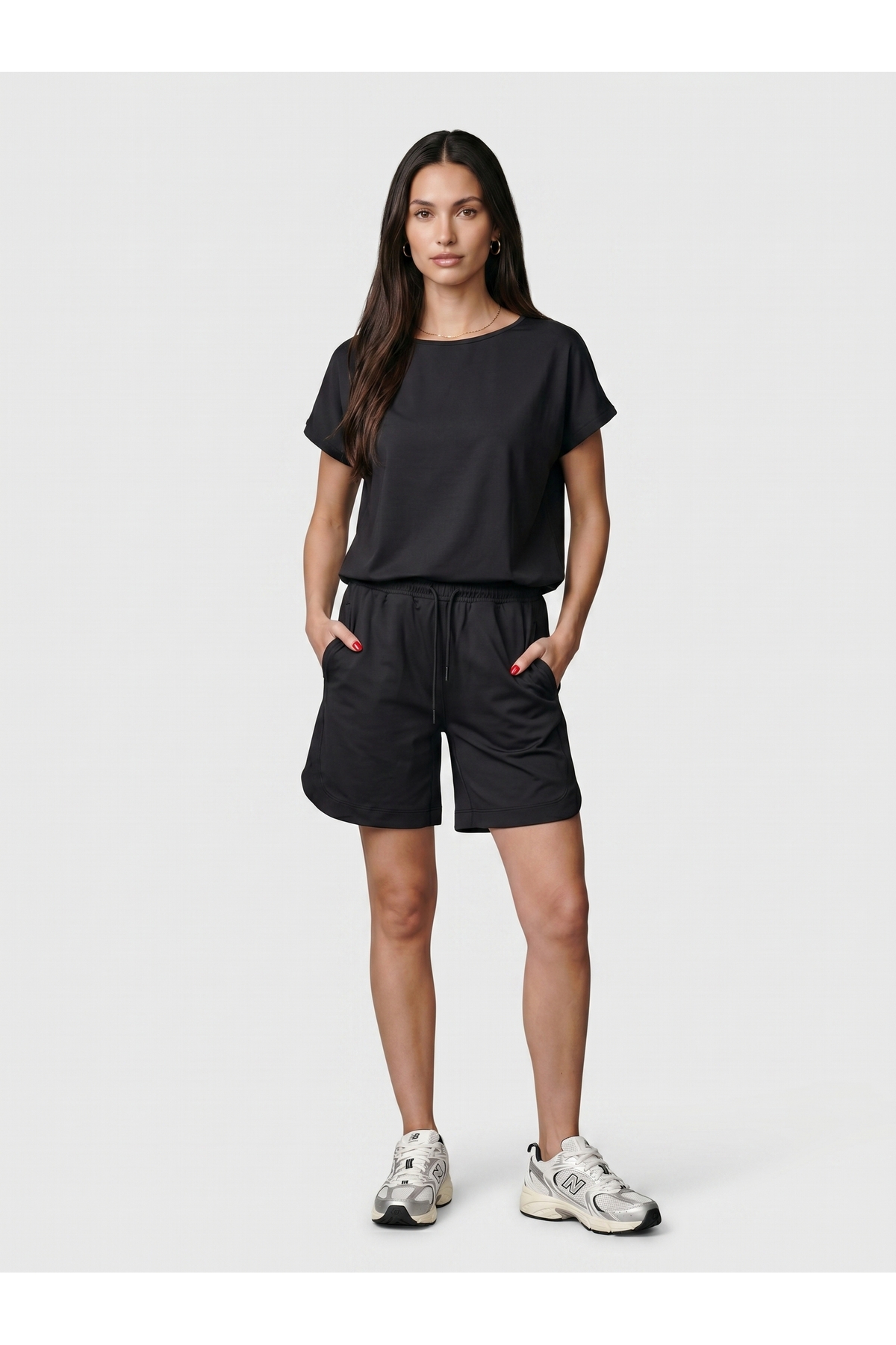 Kadın Modal Şort Tişört Takım Yazlık İkili Spor Takım Rahat Kalıp Siyah