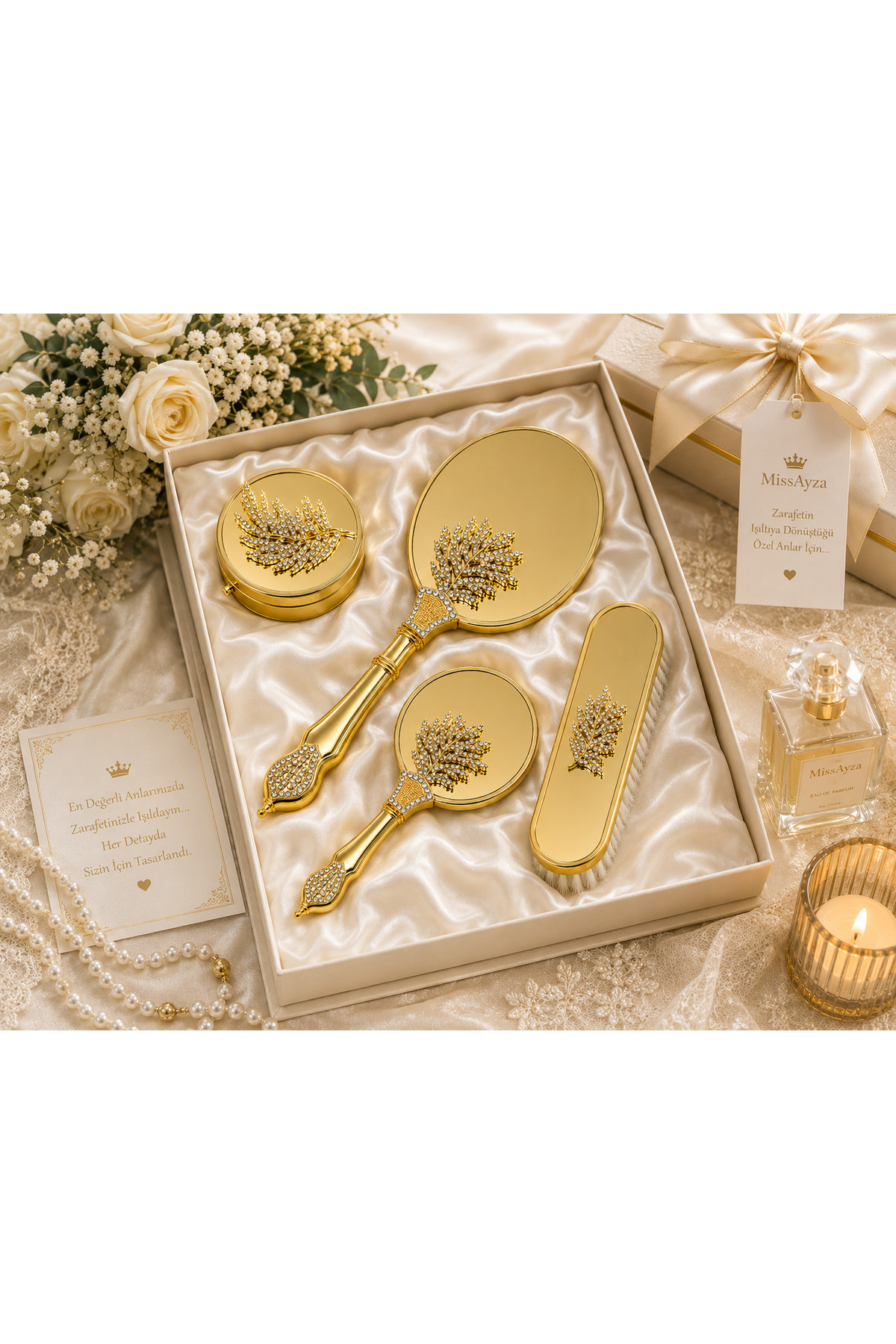 Gold Yaprak Desenli Taş İşlemeli Gelin Hazırlık Seti, Çeyiz, Hediyelik Set