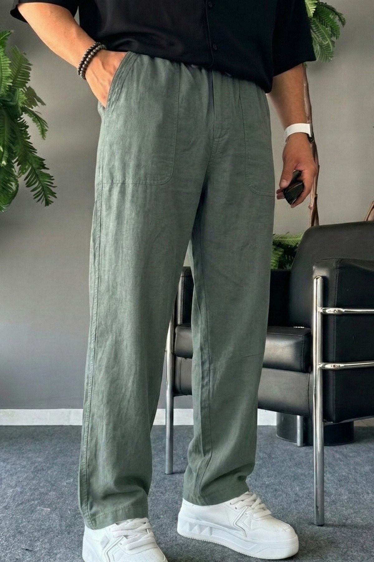 COMBİNE MİCHAİL Erkek Beli Lastikli 3 Lü Keten Pantolon görsel 4