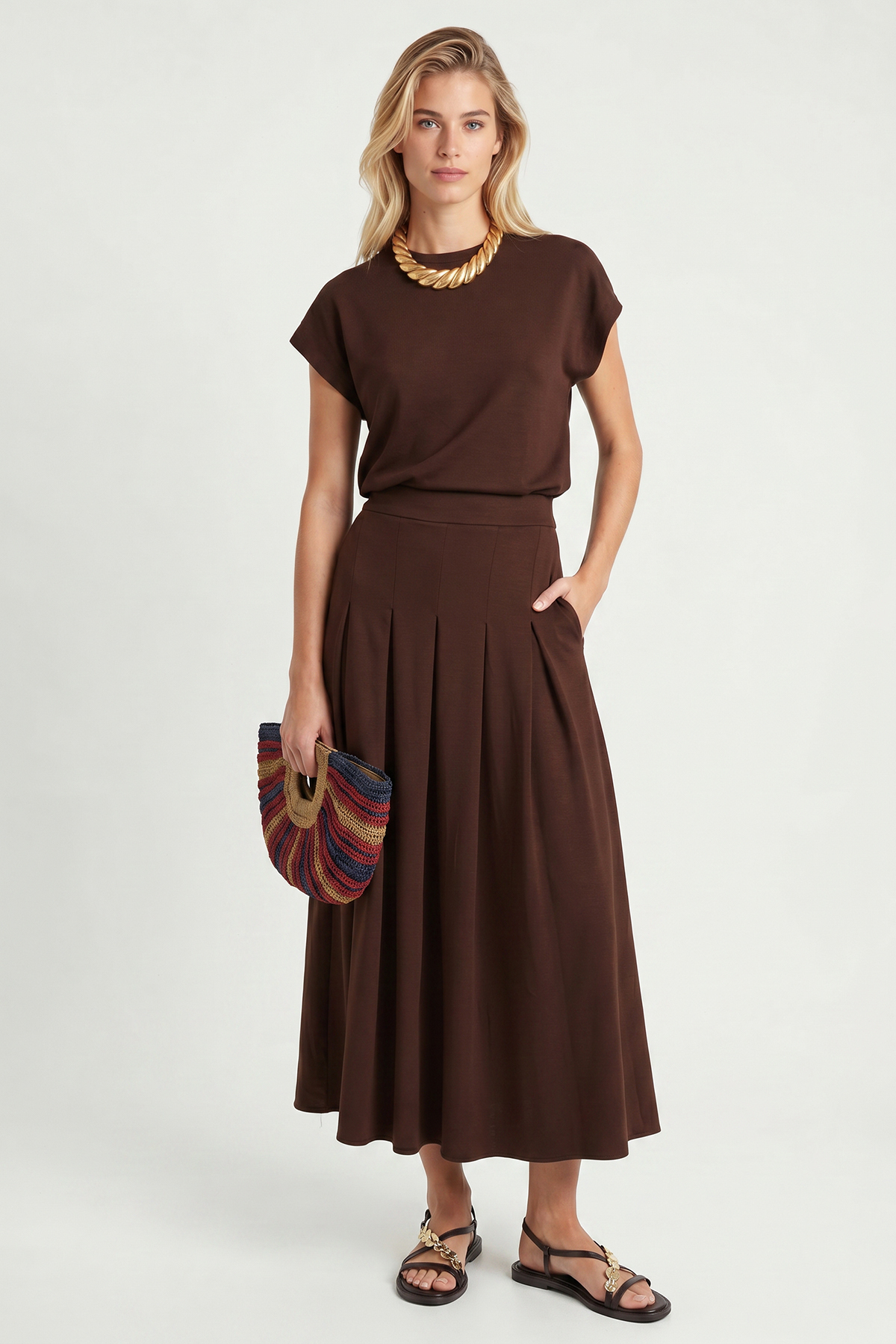 Modal WaddedT-shirt Skirt Set LNT0041 BROWN