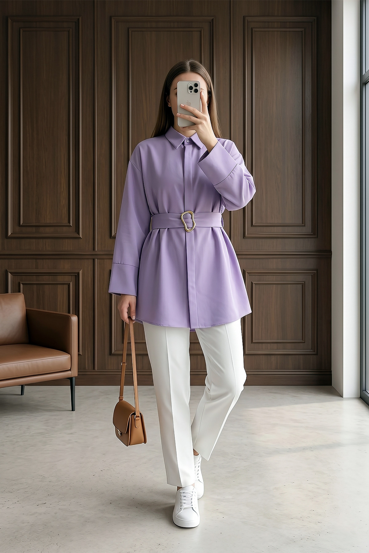 Nisa Poplin Tunic with Double Cuff and Belt - Lilac
