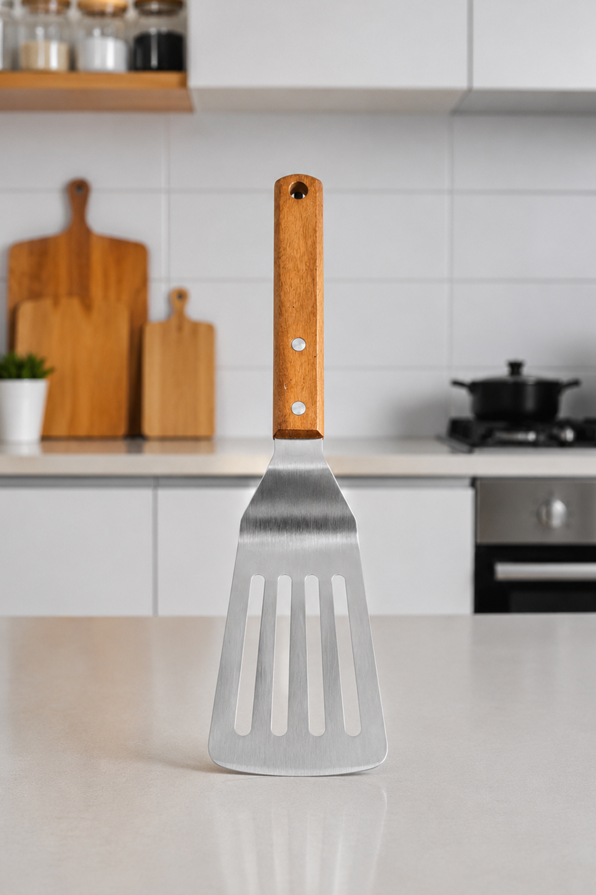 Japanese Spatula with Knife and Hole - Professional 304 Quality - Teppanyaki Style Spatula - Wooden Acacia Handle - Both Decorative and Practical
