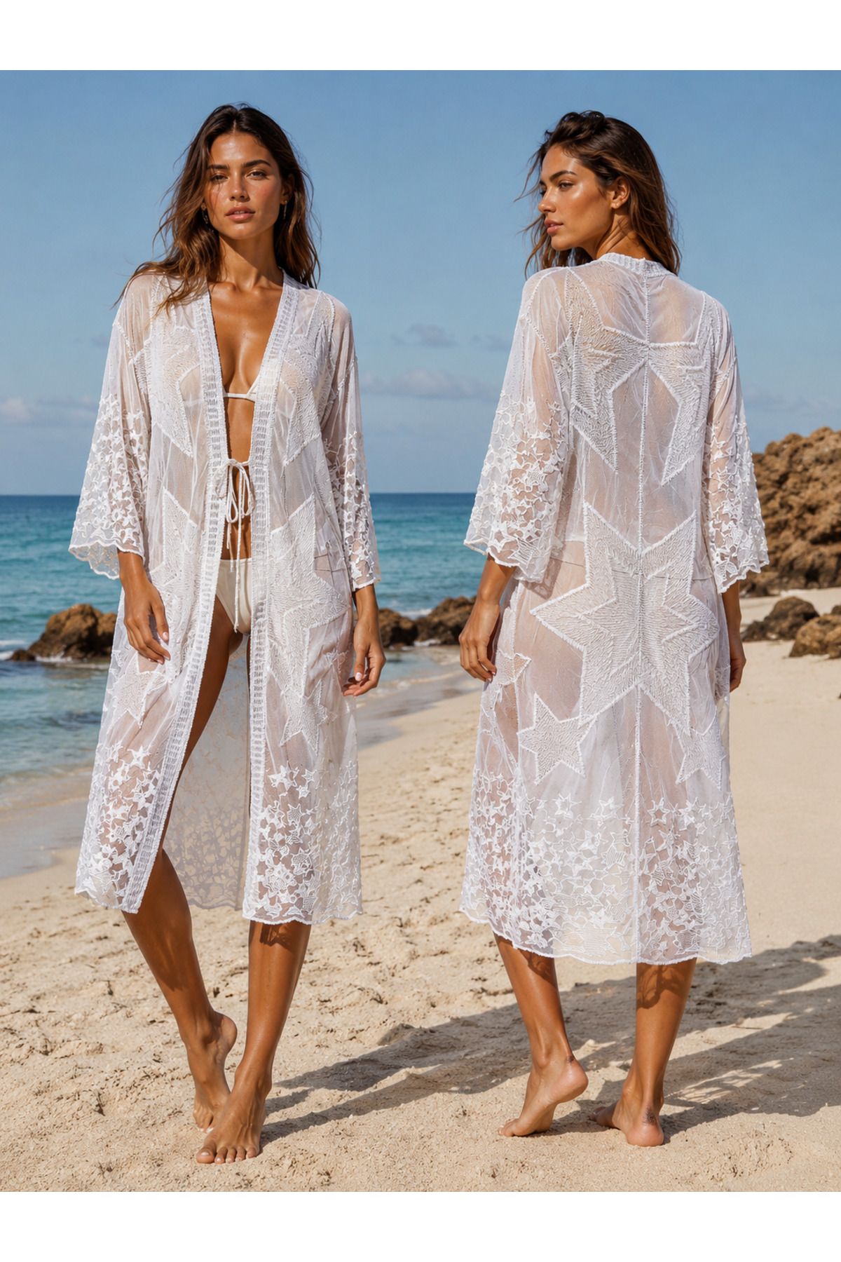 Ecru Star Patterned Transparent Beach Kimono Women's Maxi Swimsuit Top Pareo pareo05